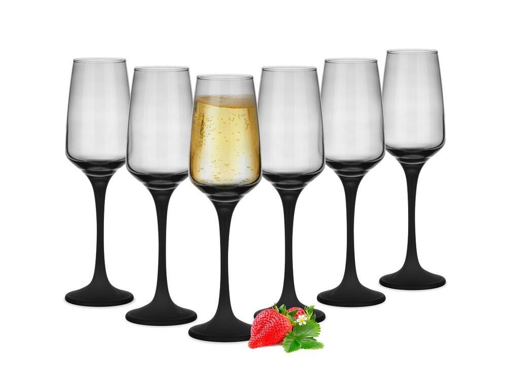 Sendez Sektglas 6 Sektgläser 210ml mit schwarzem Stiel Sektkelche Proseccogläser, 6-tlg., Glas