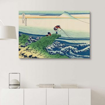 Posterlounge Holzbild Katsushika Hokusai, Ein Fischer steht auf einem Fels am Kajikazawa in der Provinz Kai, Wohnzimmer Maritim Malerei