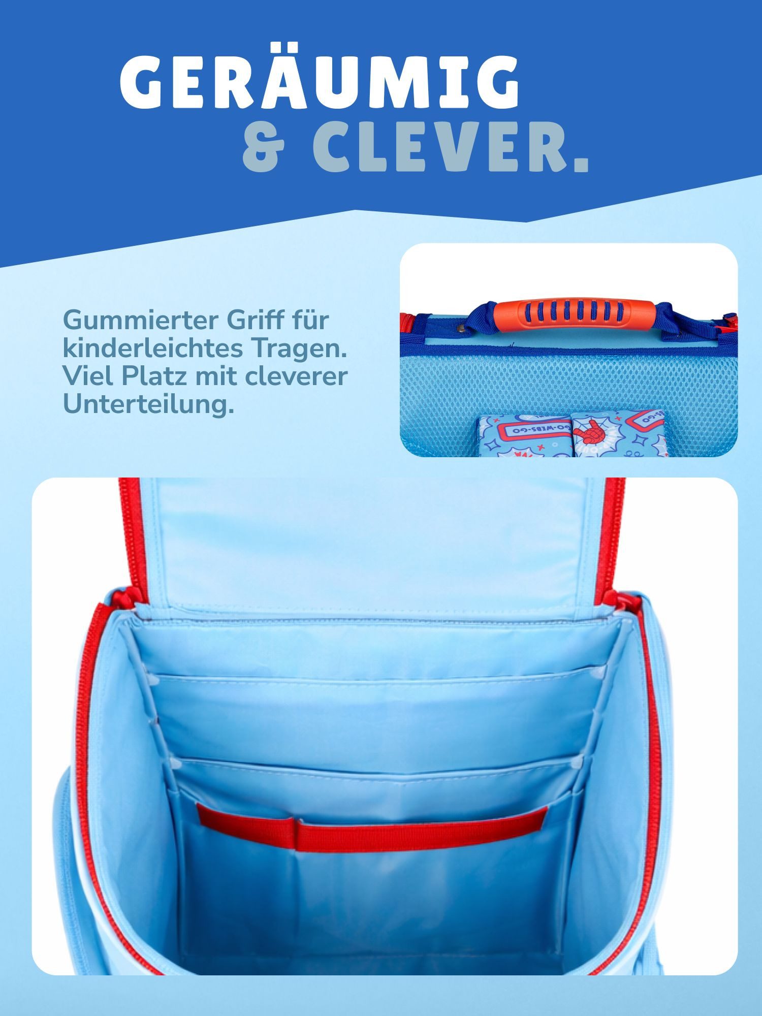 Familando Schulranzen Schulranzen SPIDEY 1.-4. Klasse ergonomisch, leicht, Volumen 15 Liter (10-tlg., inkl. Sporttasche und Schultüte / Zuckertüte 70cm), SPIDEY – Bild 5 von 5