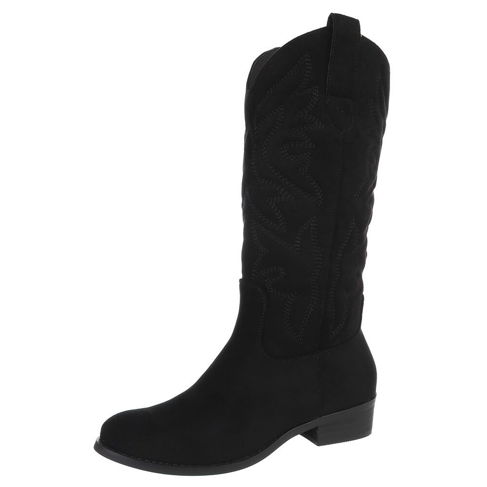 Ital-Design Damen Cowboyboots mit Blockabsatz und Ziernähten Westernstiefel (92299893) Blockabsatz Flache Stiefel in Schwarz