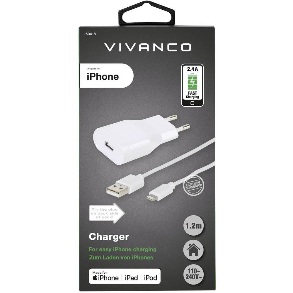 Vivanco USB Charger Set für Apple iPhone und iPad,1.2m USB-Kabel, beidseitig verwendbarer Stecker