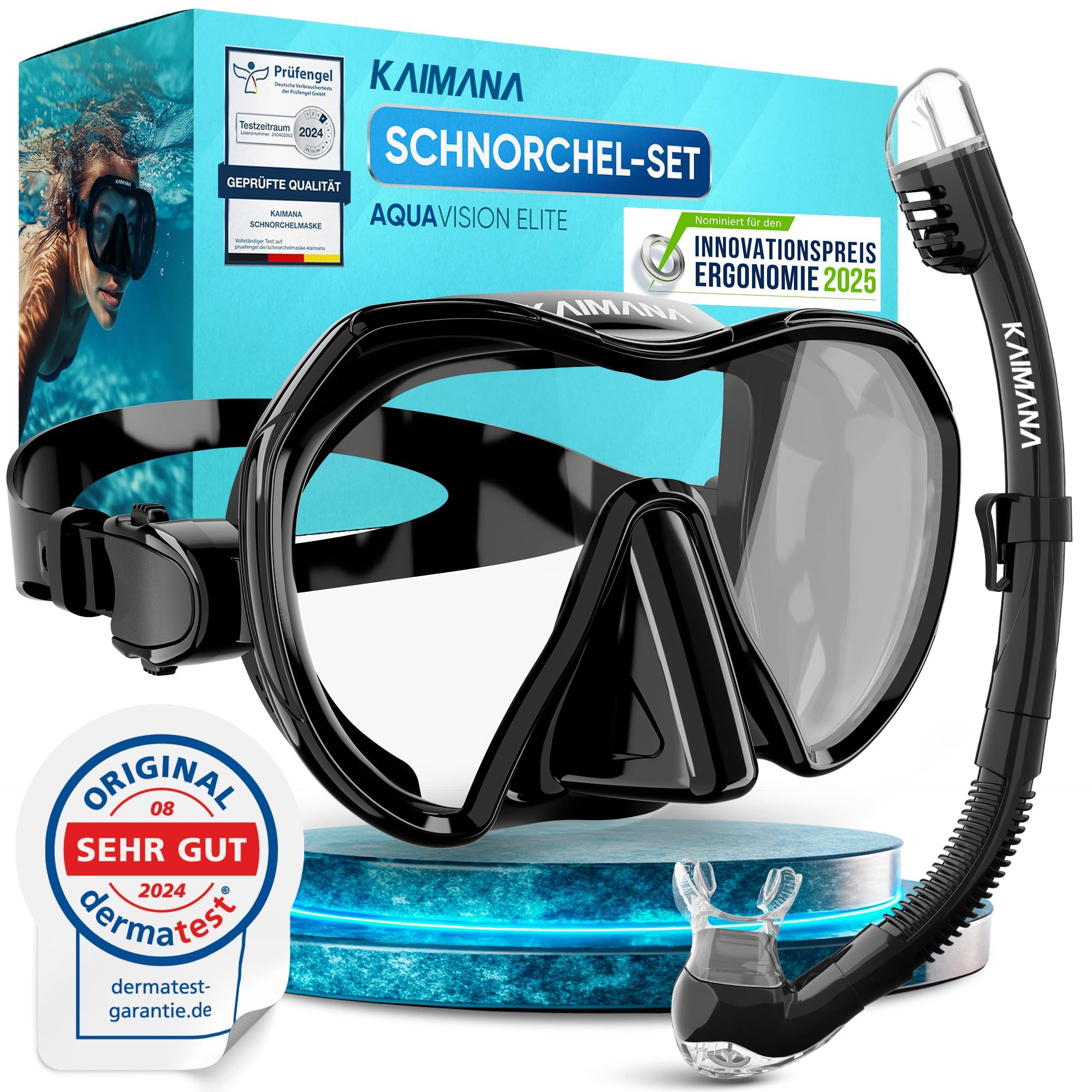 KAIMANA Tauchermaske AquaVision Prolite Трубкаset für Erwachsene inkl. Tragetasche, (Bequeme Taucherbrille Erwachsene, Alternative zur Трубкаmaske), Taucherbrille mit Stoffband/Silikonstrap
