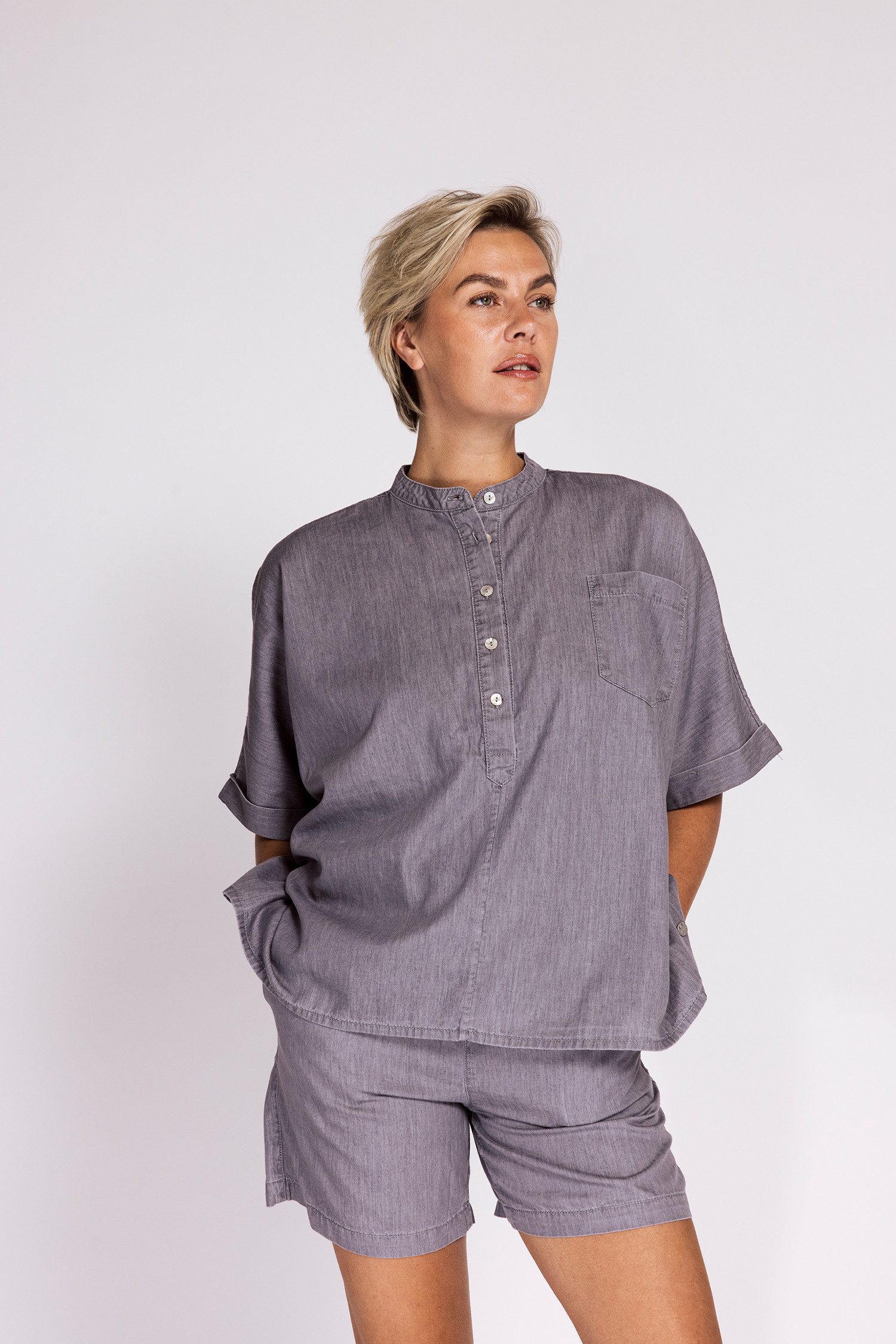 Zhrill Blusenshirt PARA Bluse denim look Denim-Look, mit Knopfleiste