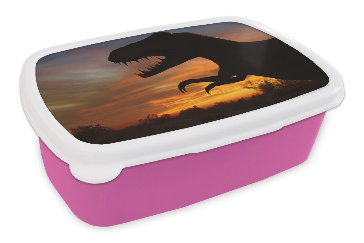 MuchoWow Lunchbox Scherenschnitt - Dinosaurier - Sonne, Kunststoff, (2-tlg), Brotbox für Erwachsene, Brotdose Kinder, Snackbox, Mädchen, Kunststoff rosa