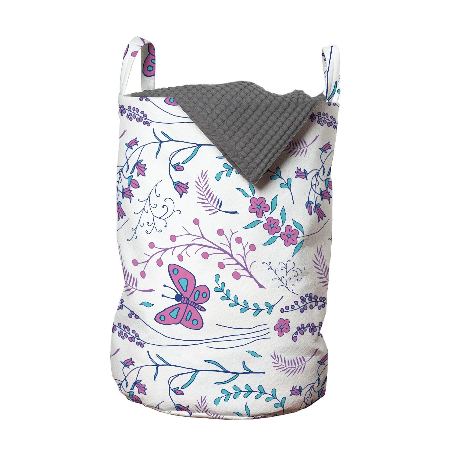 Abakuhaus Wäschesäckchen Wäschekorb mit Griffen Kordelzugverschluss für Waschsalons, Frühling Romantische Blumen Schmetterlinge