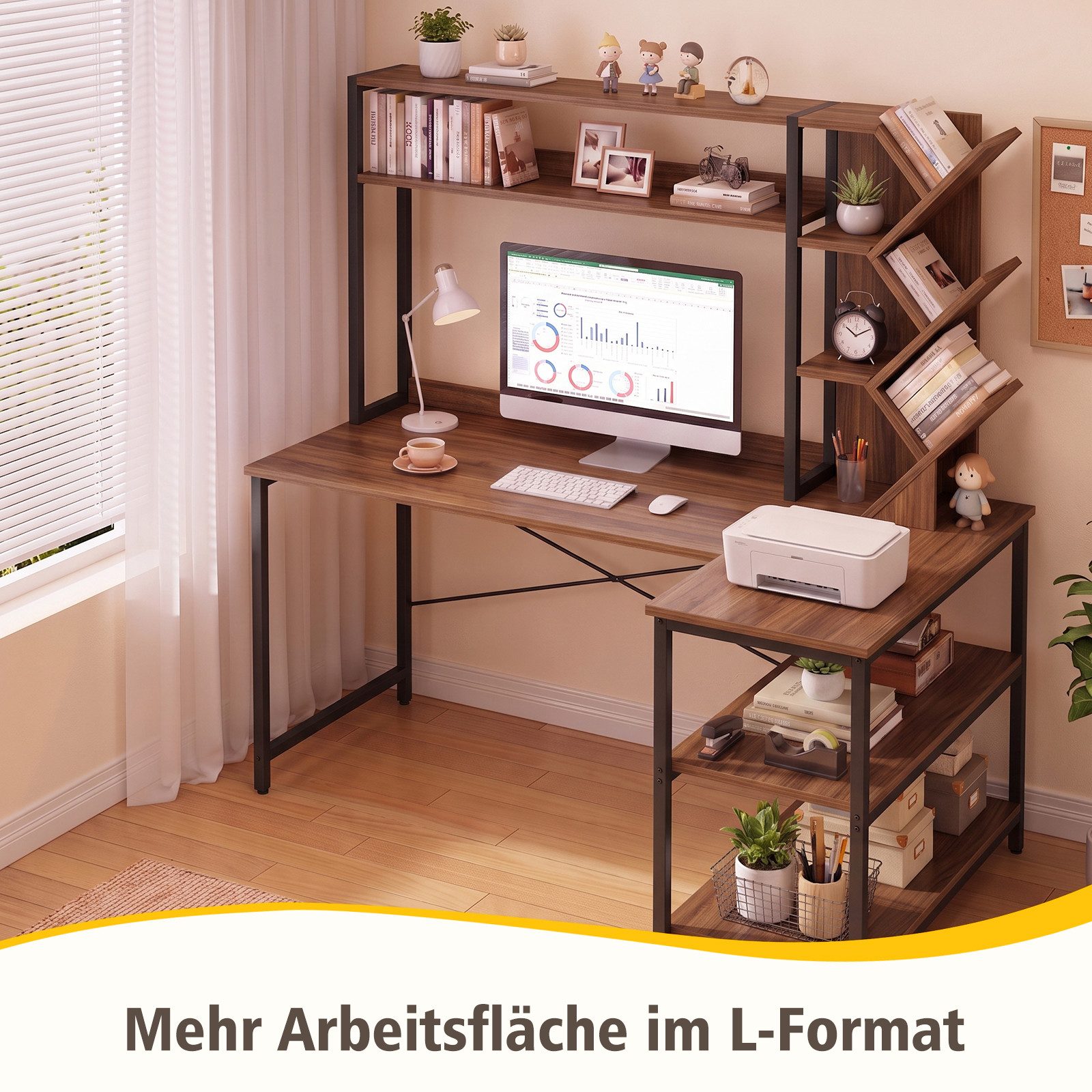 Patbrela Eckschreibtisch L-form mit Bücherregal 130 cm Computertisch, viel Stauraum, für Homeoffice und Arbeitszimmer – Bild 5 von 5