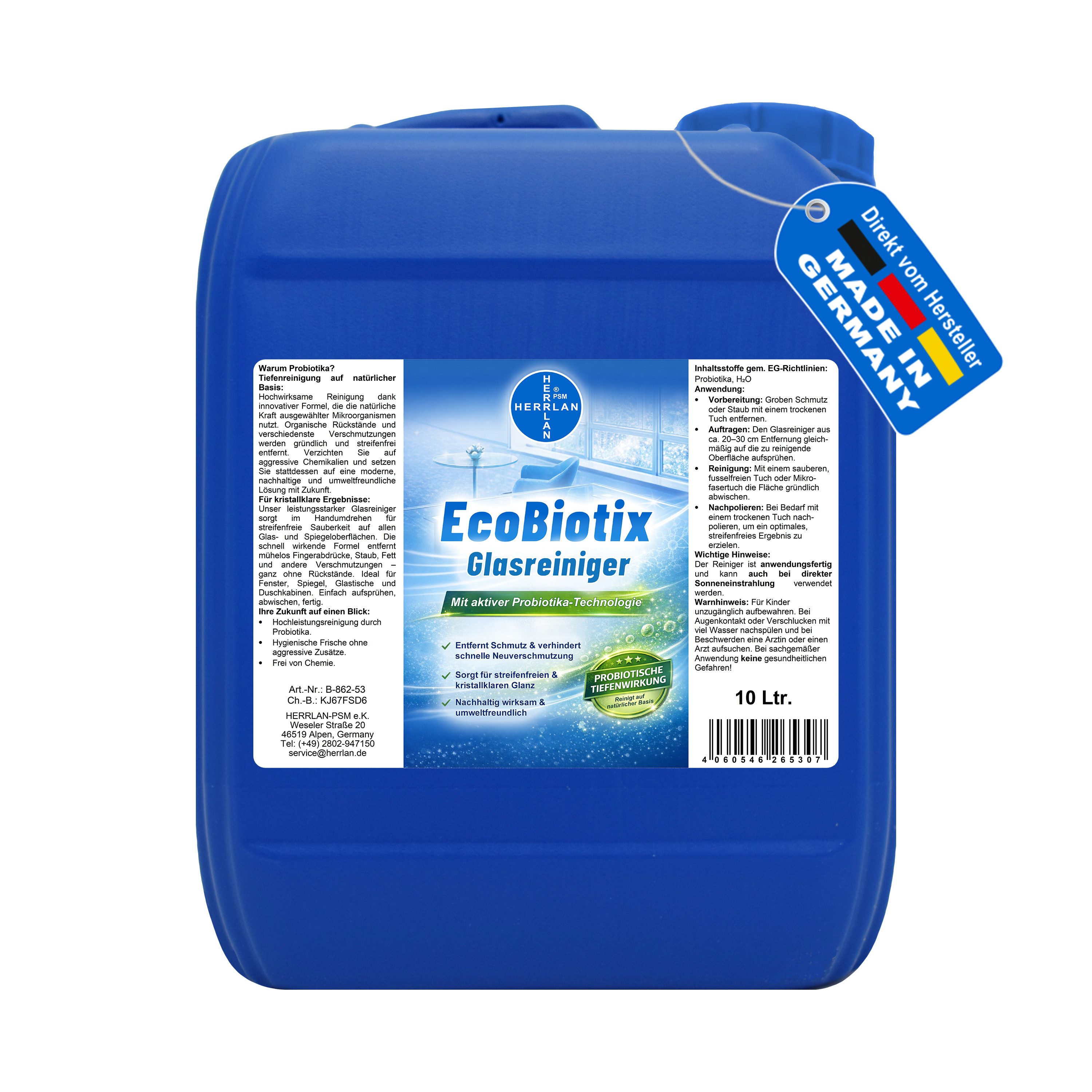 HERRLAN EcoBiotix HOCHLEISTUNGS Glasreiniger (10 Liter Tiefenreinigung mit Probiotika – Made in Germany)