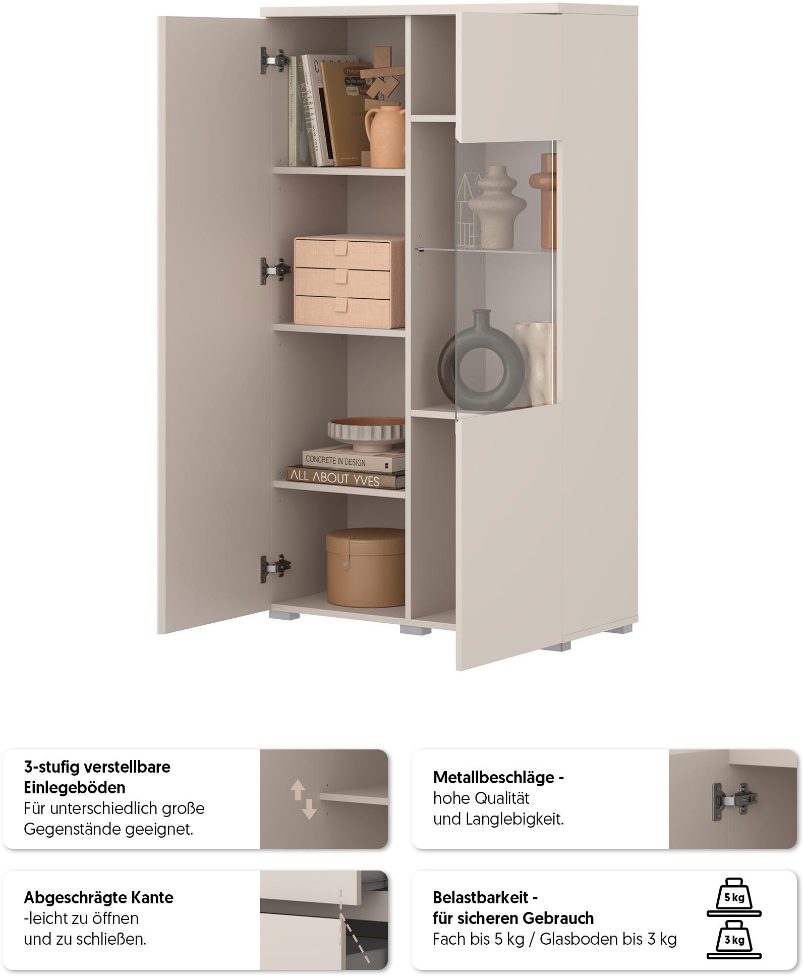 OTTO home Vitrine Modo, Breite 80 cm, moderner griffloser Vitrineschrank Vitrine mit viel Stauraum, Einlegeböden verstellbar, Glastür