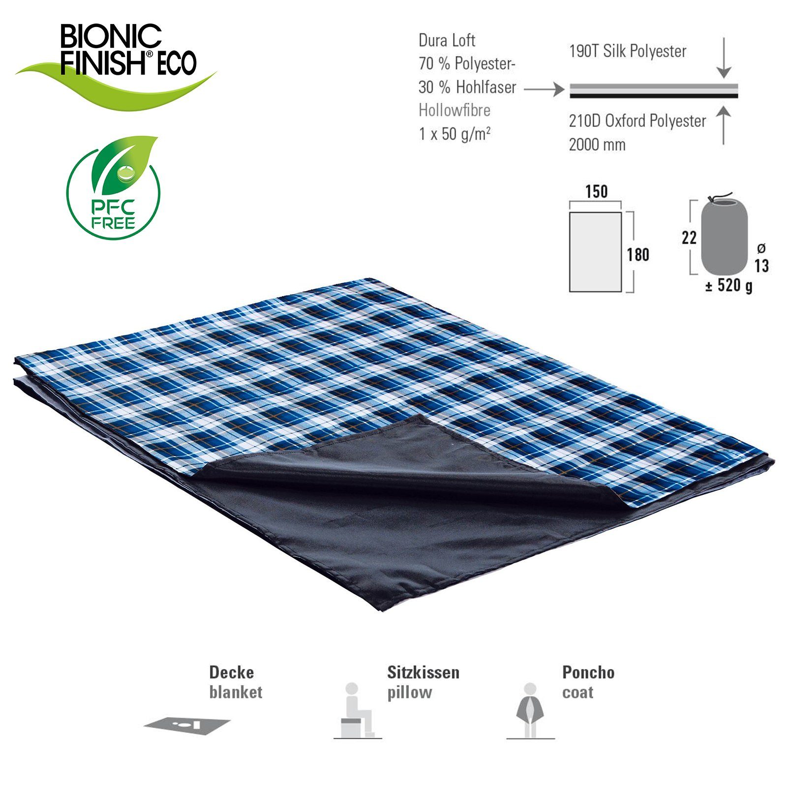 Outdoordecke Campingdecke Cozy Picknickdecke, High Peak, Reisedecke Strand Decke Picknick 180cm