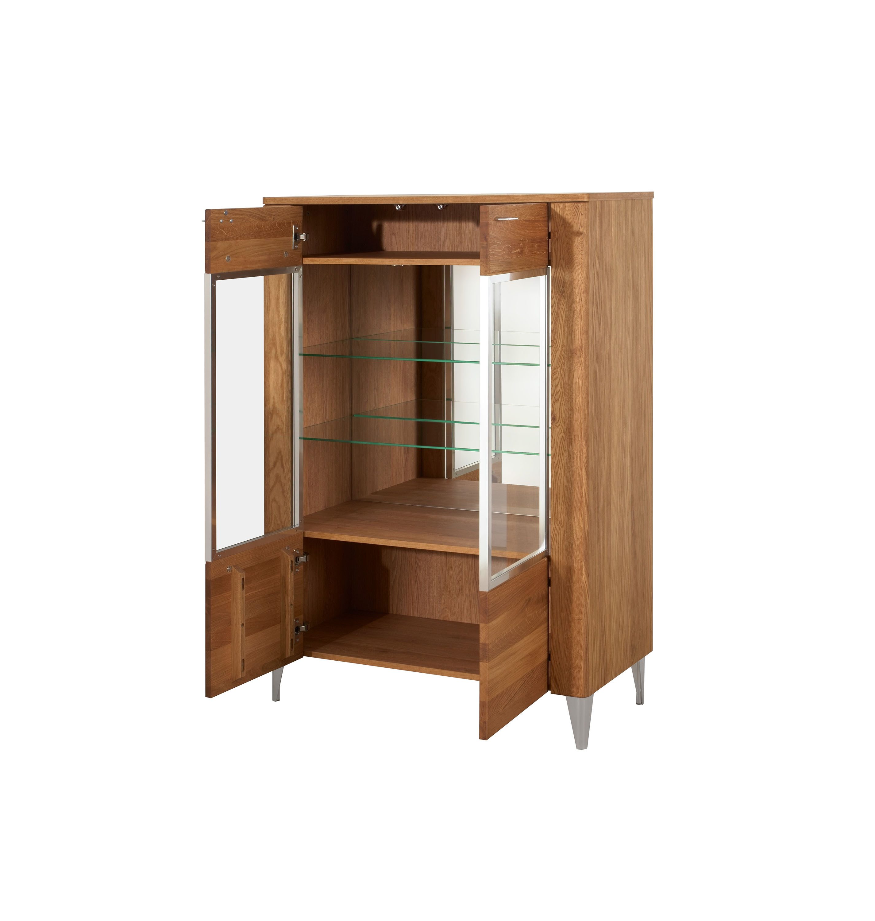Feldmann-Wohnen Vitrine Latina (Möbel sind vormontiert, Sie sparen Zeit & Aufwand für die Endmontage, 1-St., Eiche Massivholz, Metallgriffe, 2-türig, gehärtetes Glas) 96x42x134cm Honig Eiche 2-türig