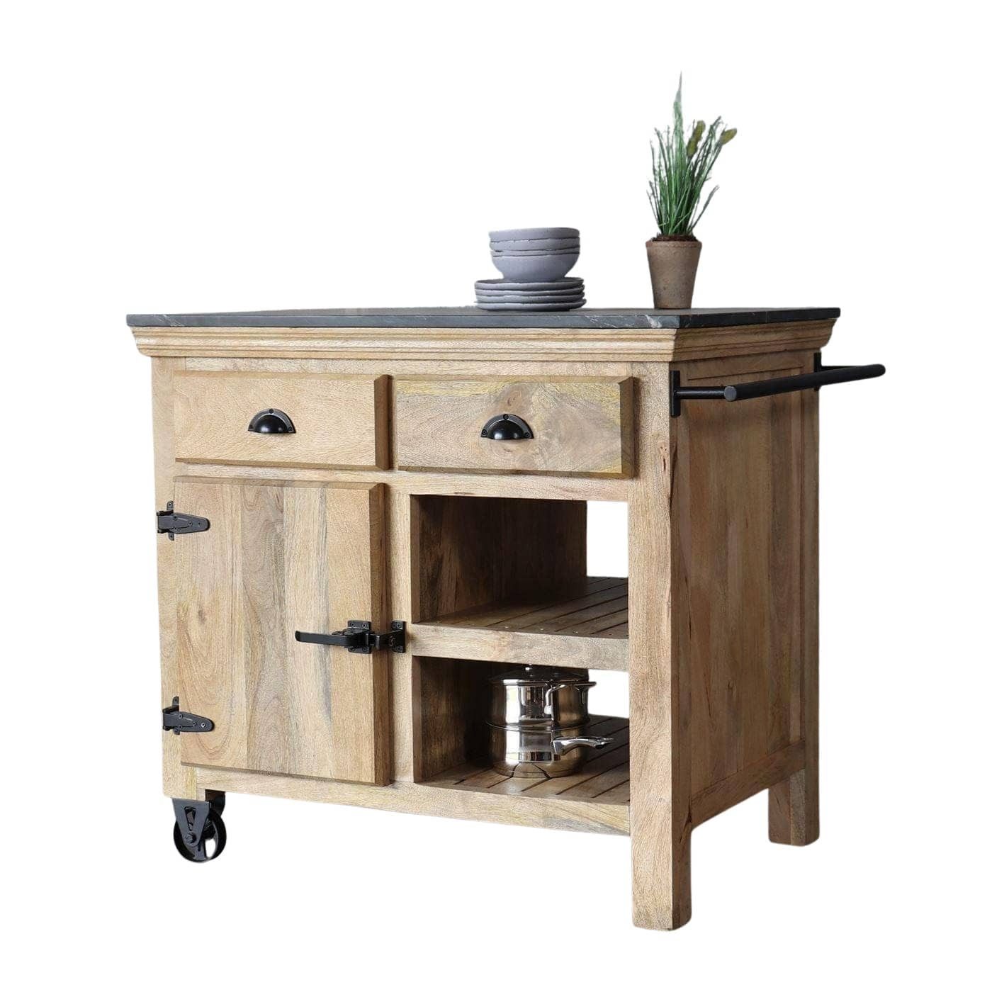 baario Küchenwagen Kücheninsel STONE klein, 100x70cm Rollwagen Massivholz & Marmorplatte Vintage
