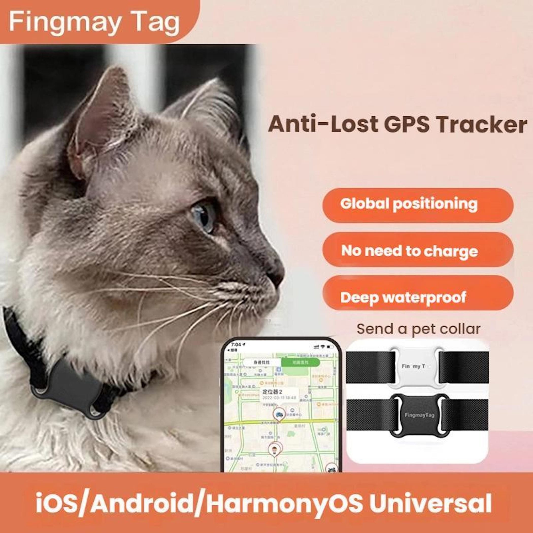 Wigento Wasserdichter GPS Pet Locator für Katzen Hunde Findmytag App Bluetooth Zubehör Drohne (Anti-Loss, Mit Real-Time Tracking, App-Kompatibel)