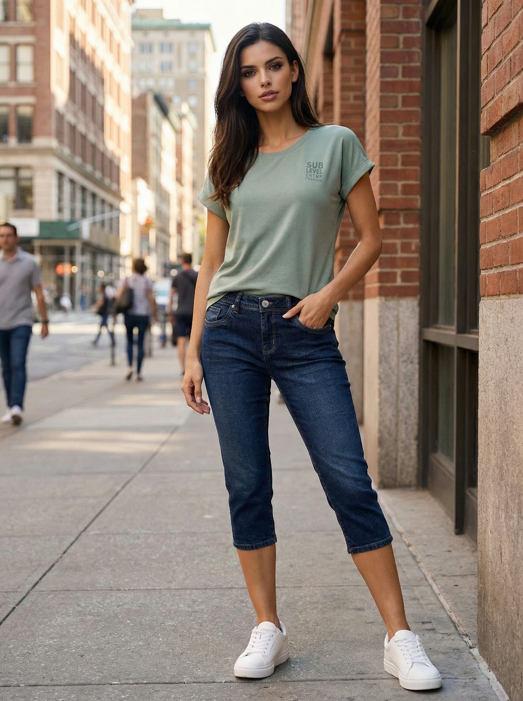 SUBLEVEL Caprijeans Damen Hose 3/4 Jeans Flex Dehnbar Frühling Sommer Dehnbar Stretch Baumwolle – Bild 2 von 5