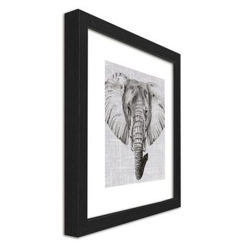 artissimo Bild mit Rahmen Bild gerahmt 30x30cm / Design-Poster inkl. Holz-Rahmen / Wandbild, Schwarz-Weiß Zeichnung: Elefant