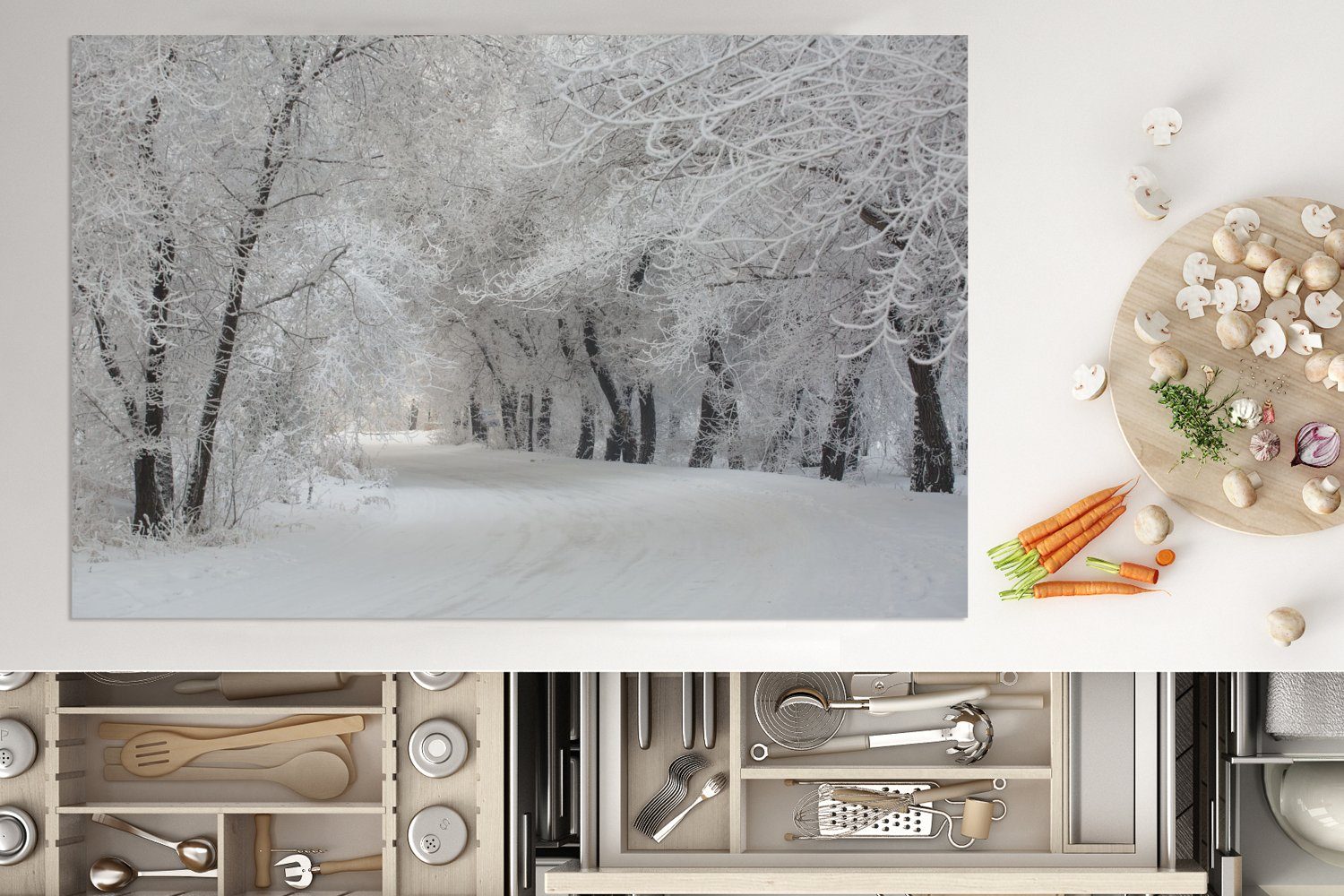 MuchoWow Herdblende-/Abdeckplatte Bäume - Schnee die - Vinyl, Schutz für küche, 80x52 tlg), (1 Ceranfeldabdeckung cm, Induktionskochfeld Winter