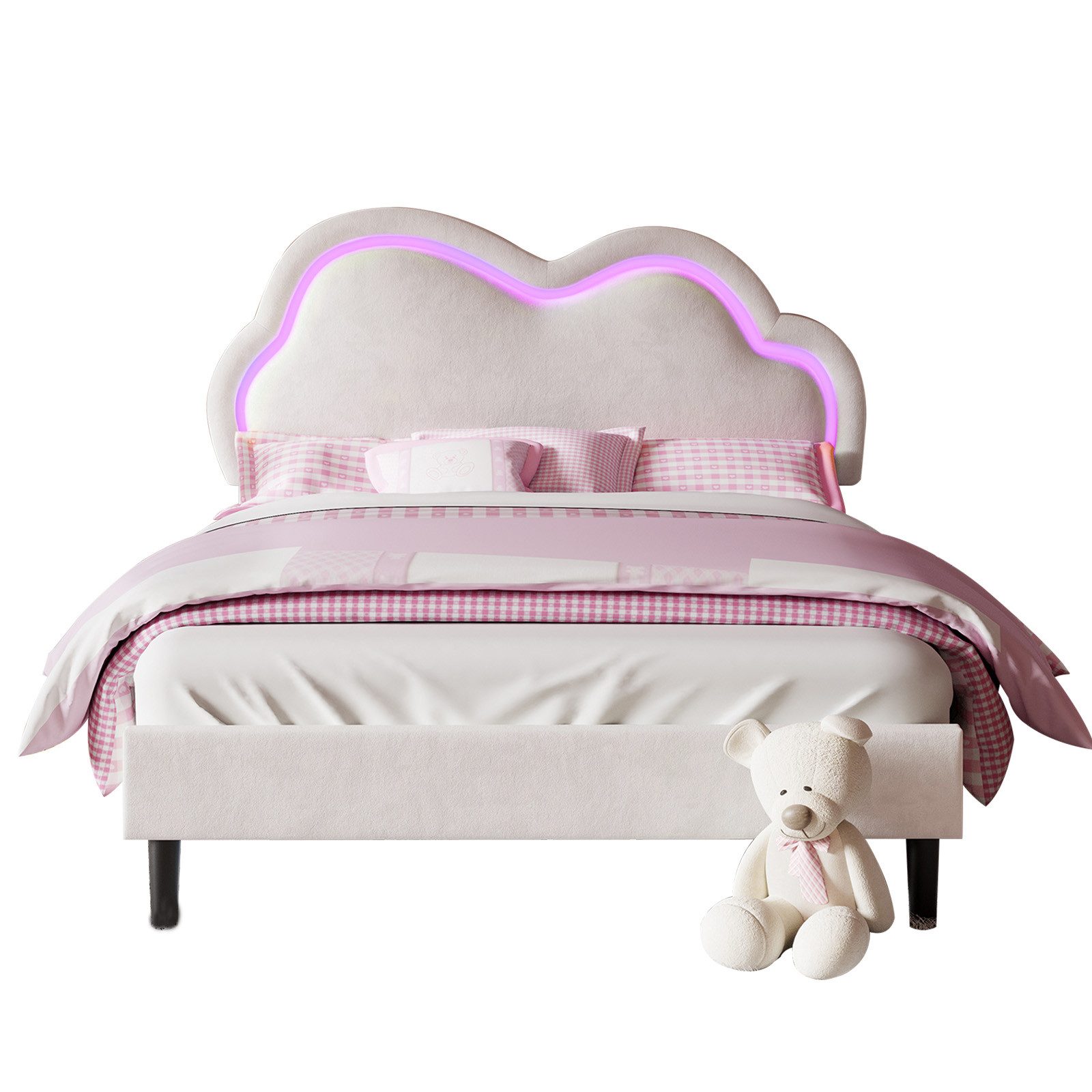AMERLIFE Kinderbett Jugendbett für Mädchen in Samt-Optik mit LED-Beleuchtung (Ohne Matratze), Wolken-Kopfteil & praktischem Stauraum, 90x200cm