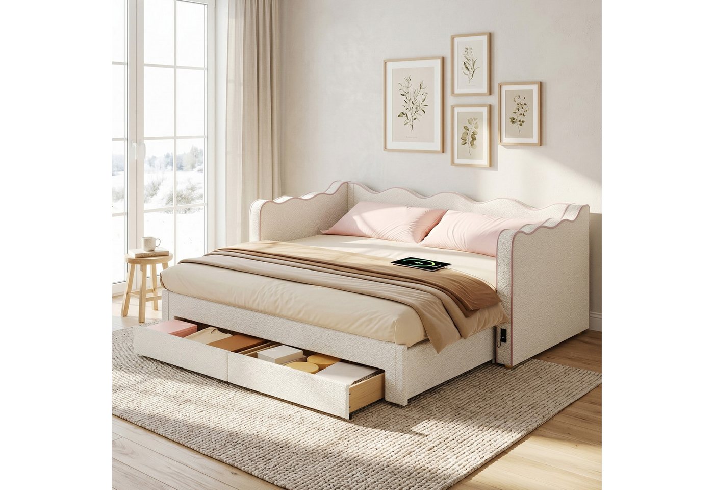 Celya Polsterbett Daybett, Tagesbett, Sofabett, mit 2 Schubladen für Stauraum (ohne Matratze, 90x200 cm ausziehbar auf 180 cm, mit USB-Anschluss und Typ-C-Anschluss), ideal für Kinderzimmer, Jugendzimmer oder stilvolle Gästezimmer