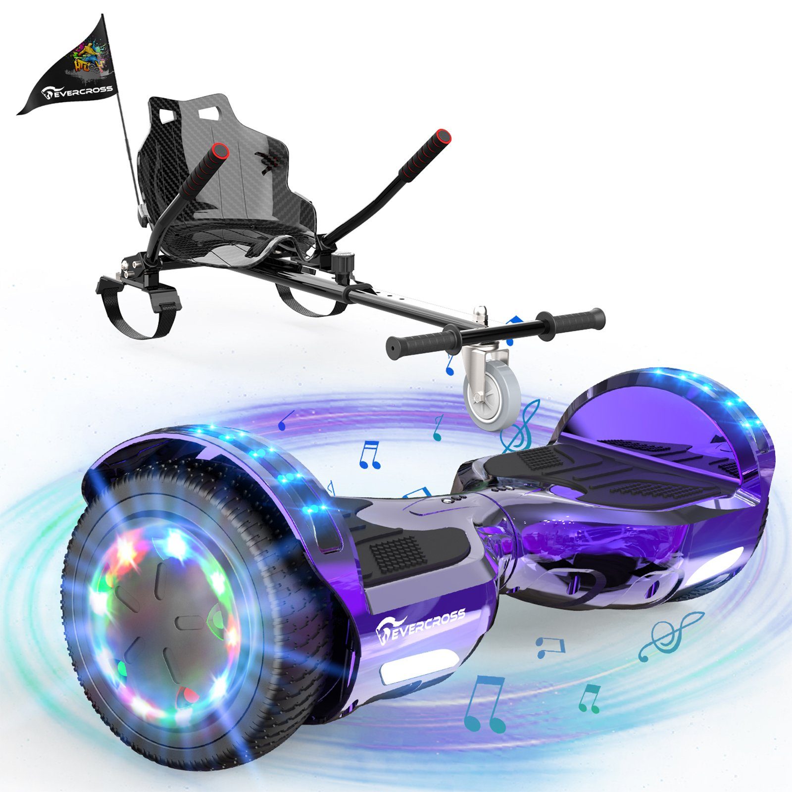 EVERCROSS TECH Balance Scooter Kart 6.5” Hoverboard mit Sitz, XP+Hoverkart, mit Bluetooth, LED-Lichter