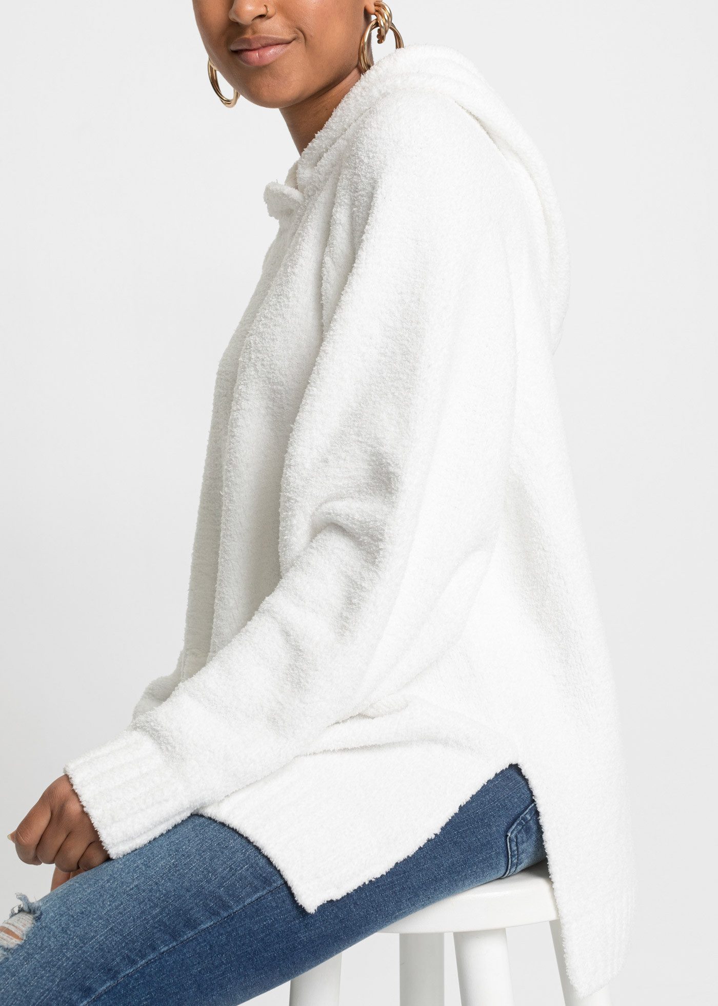 bonprix Strickpullover mit Kapuze, mit Teddy-Fleece, Oversized Passform, Kängurutasche