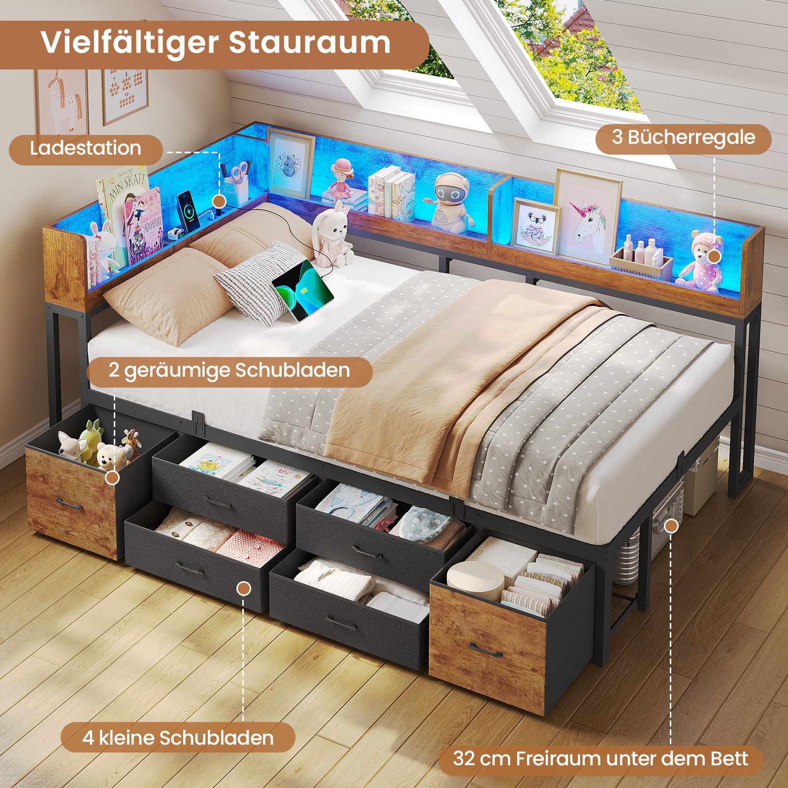 MSMASK Daybett Schlafsofa mit LED-Beleuchtung & Ladestation, Jugendbett Kinderbett, mit Integriertem Bücherregal & 6 Schubladen, 90x200cm – Bild 4 von 5