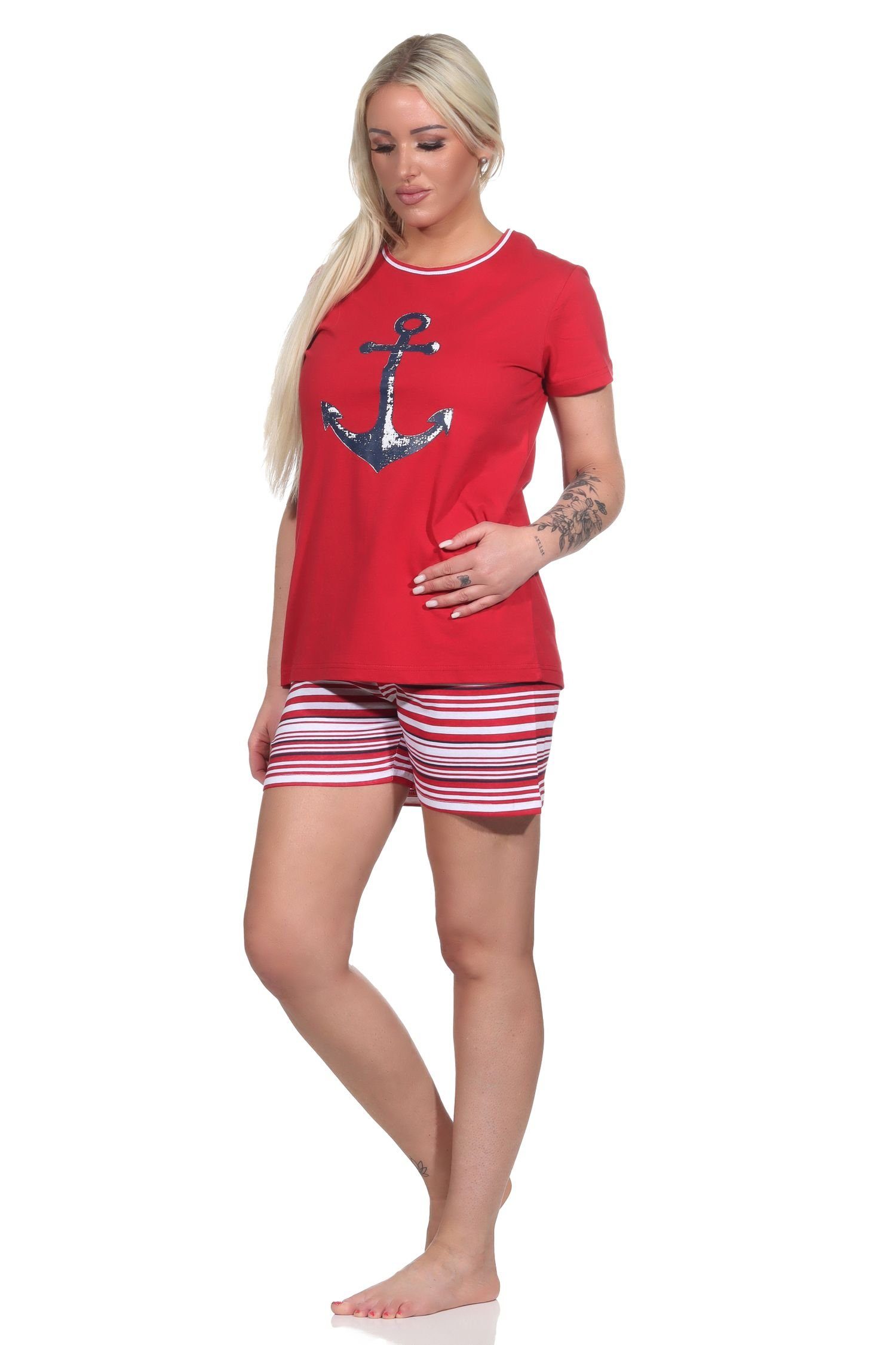 Pyjama Pyjama Shorty Normann Damen und Anker-Motiv rot mit gestreiften Shorts