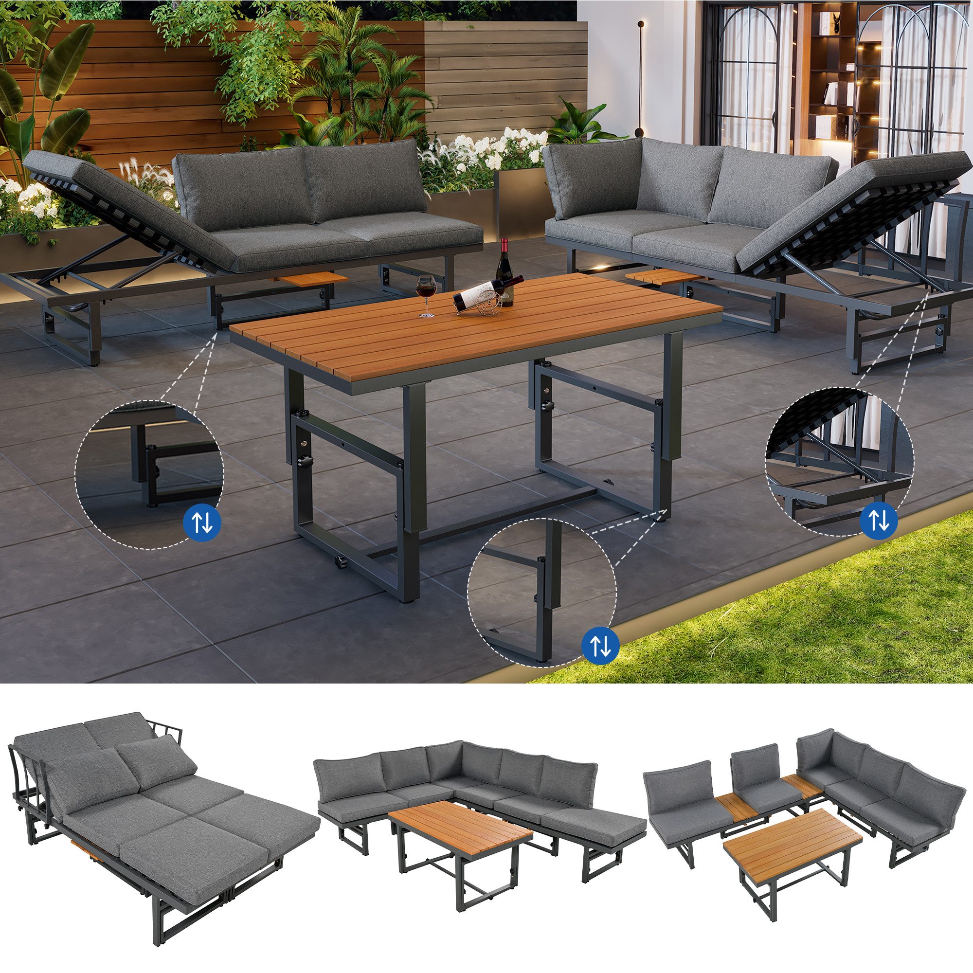 IDEASY Gartenlounge-Set Gartenmöbel-Set Grau 3-tlg. Set, Inkl. Sitzkissen & Kissen, (Gartenmöbel für Terrasse, Balkon oder Garten), Eisengestell & Akazienholz, Verstellbare Rückenlehne & Tisch