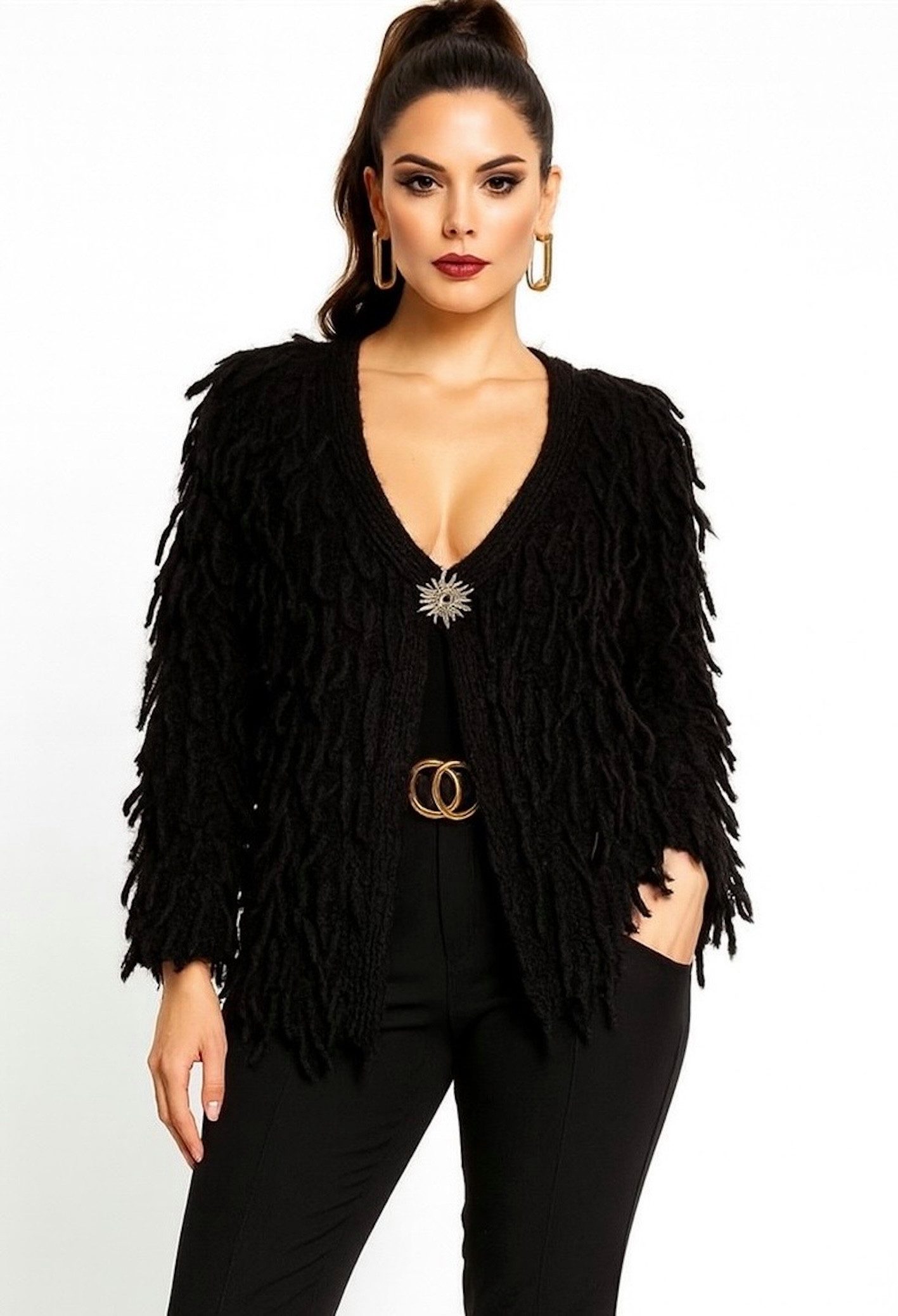 Worldclassca Cardigan WORLDCLASSCA Strickjacke Cardigan Fransen Strickpulllover mit Knopf Neue Kollektion - Stilvolle und gemütliche Strickmode für Damen