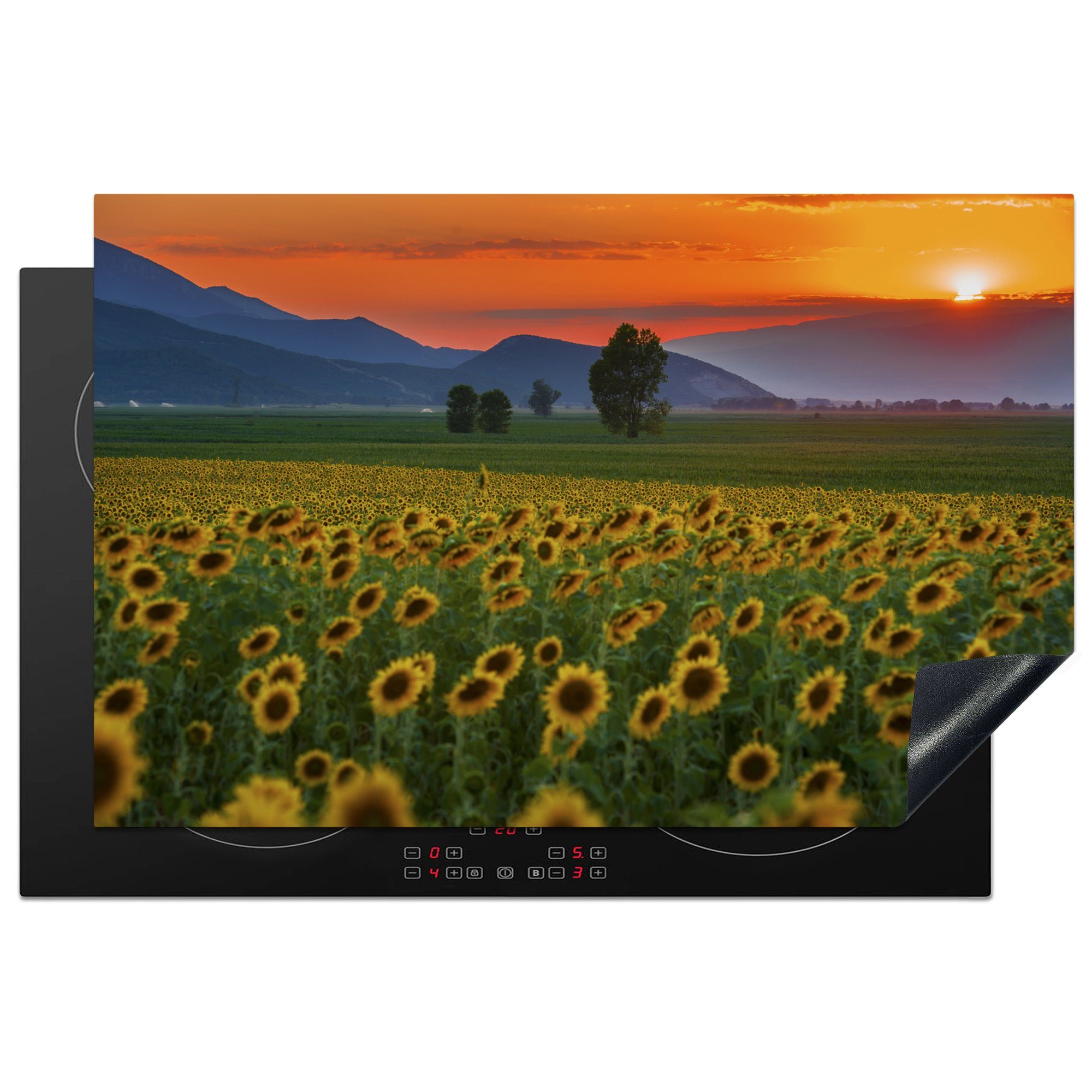 MuchoWow Herdblende-/Abdeckplatte Sonne - Berge - Sonnenblumen, Vinyl, (1 tlg), 81x52 cm, Induktionskochfeld Schutz für die küche, Ceranfeldabdeckung