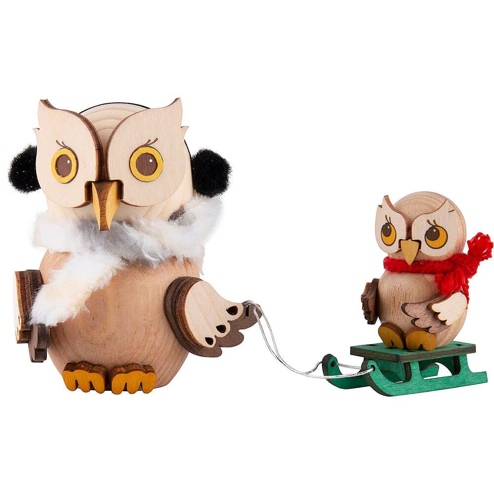 Kuhnert Dekofigur Mini-Eule Schlittenfahrt mit Kind (7cm) von Drechslerei Kuhnert