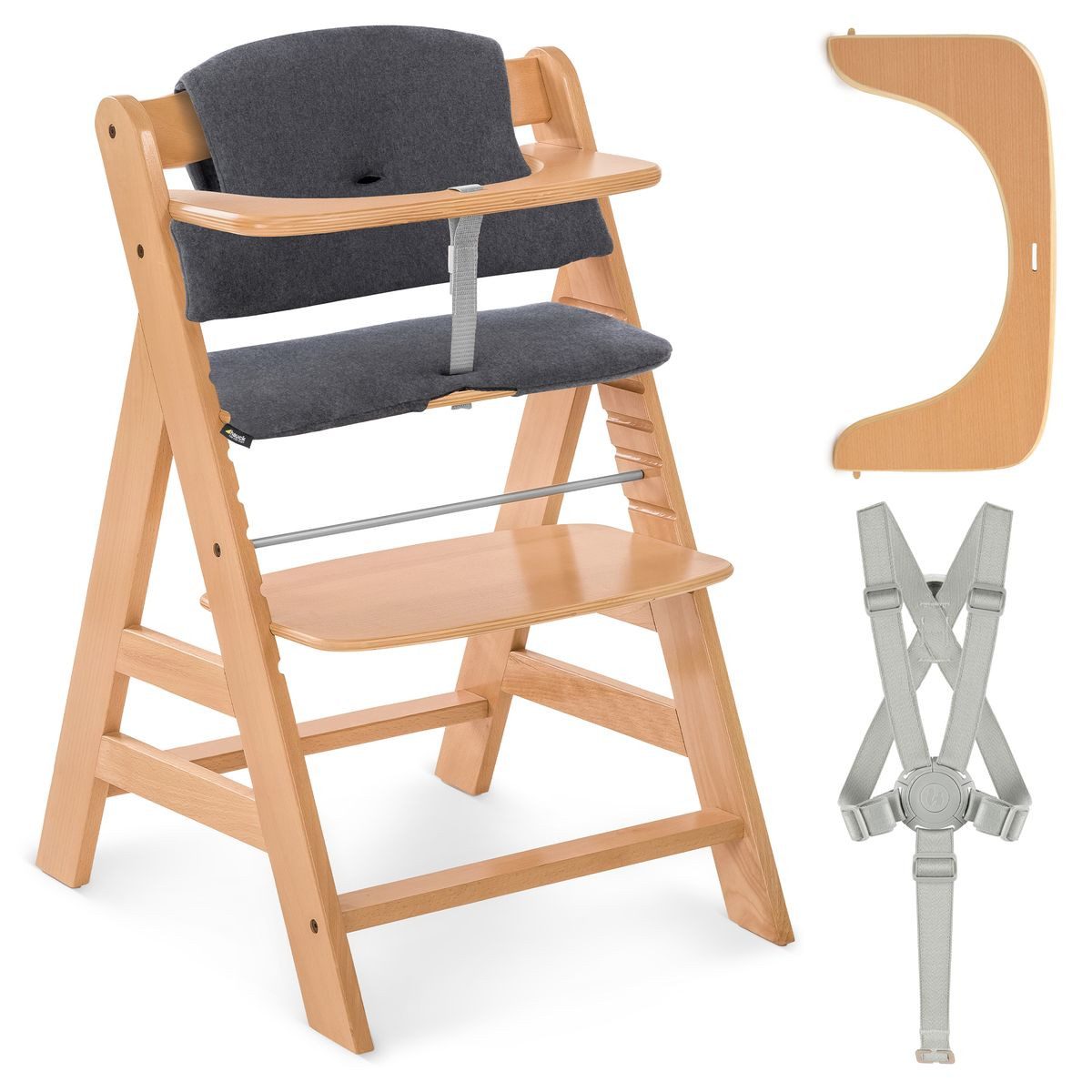 Hauck Hochstuhl Alpha Plus - Natur, Mitwachsender Holz Kinderhochstuhl mit Gurt, Schutzbügel & Sitzauflage