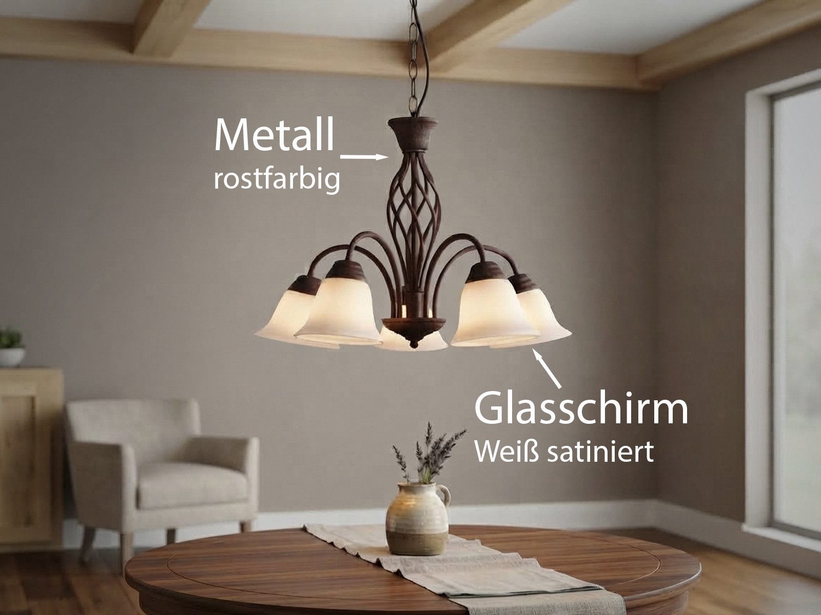 TRIO Leuchten LED Pendelleuchte 5-flammig Ø 60cm inkl. E14 LEDs, LED wechselbar, Warmweiß, große Landhausstil Esstisch-Lampe, Esszimmerlampe hängend – Bild 5 von 5