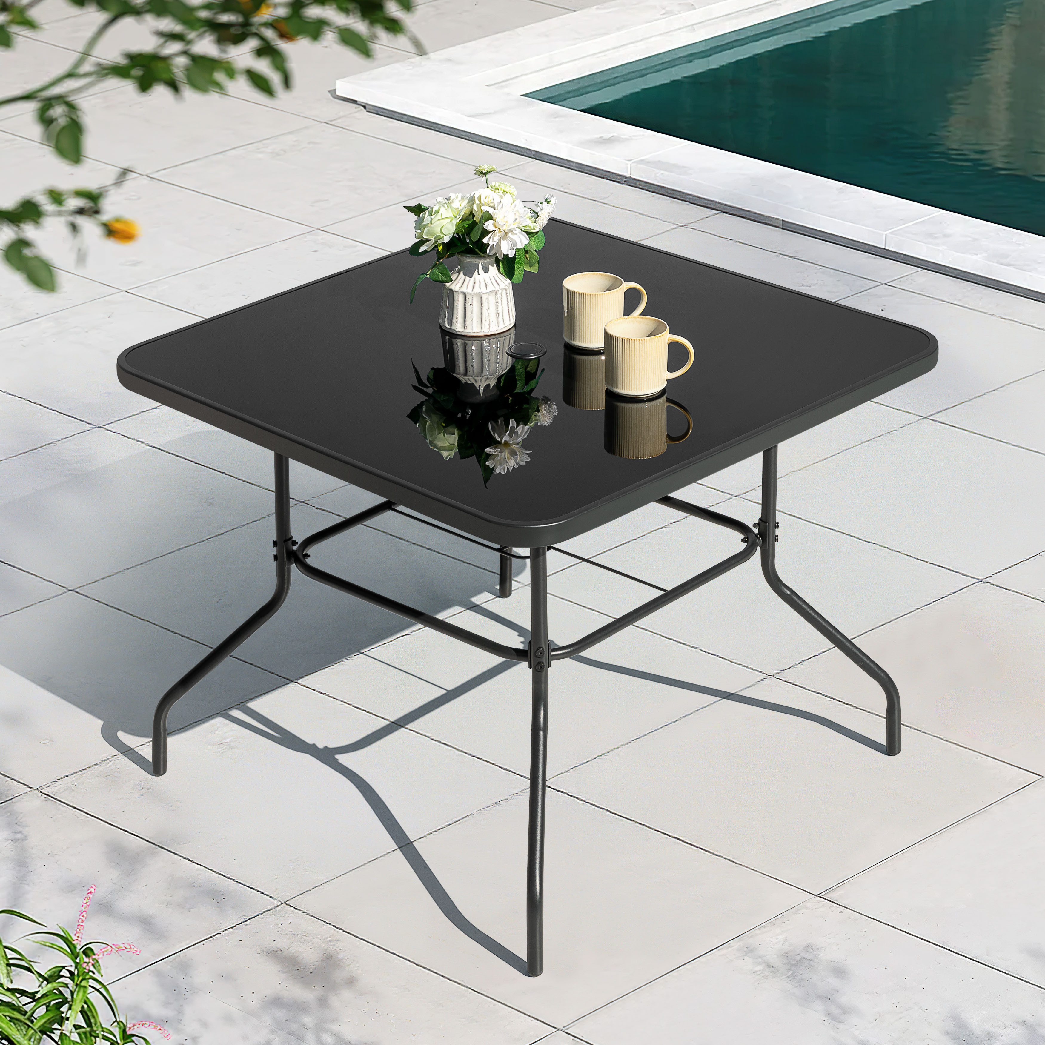 Avestar Gartentisch Outdoor Esstisch mit Schirmloch, 80 x 80 cm (1-St), Gehärtetes Glas, Schwarz, Wetterfest & Stabil für Garten und Terrasse