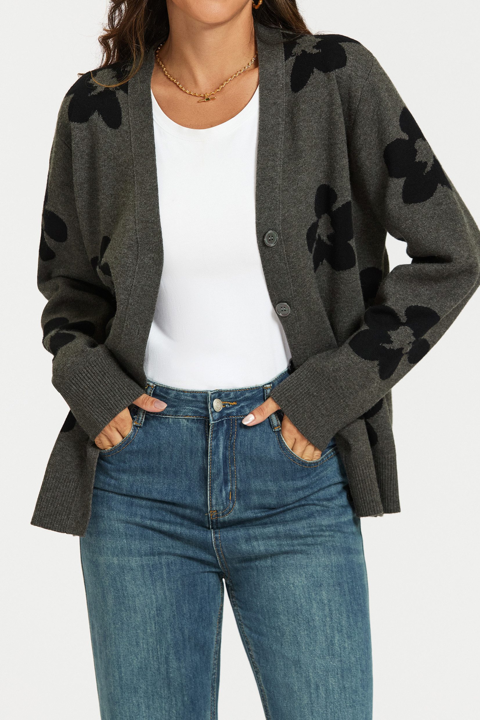 FS Collection Cardigan Damen Strickjacke Cardigan mit Blumenmuster, Dunkelgrau (Einheitsgröße (UK 8–16 / EU 36–44) 56 % Viskose, 26 % Polyester, 18 % Wolle
