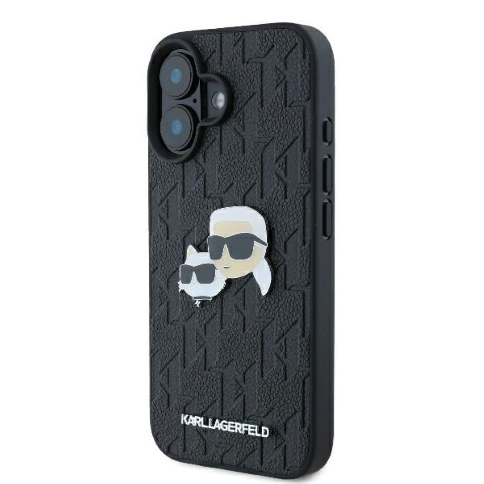 KARL LAGERFELD Handyhülle iPhone 16 Kunststoff schwarz Logo Metall 6,1 Zoll, Kantenschutz