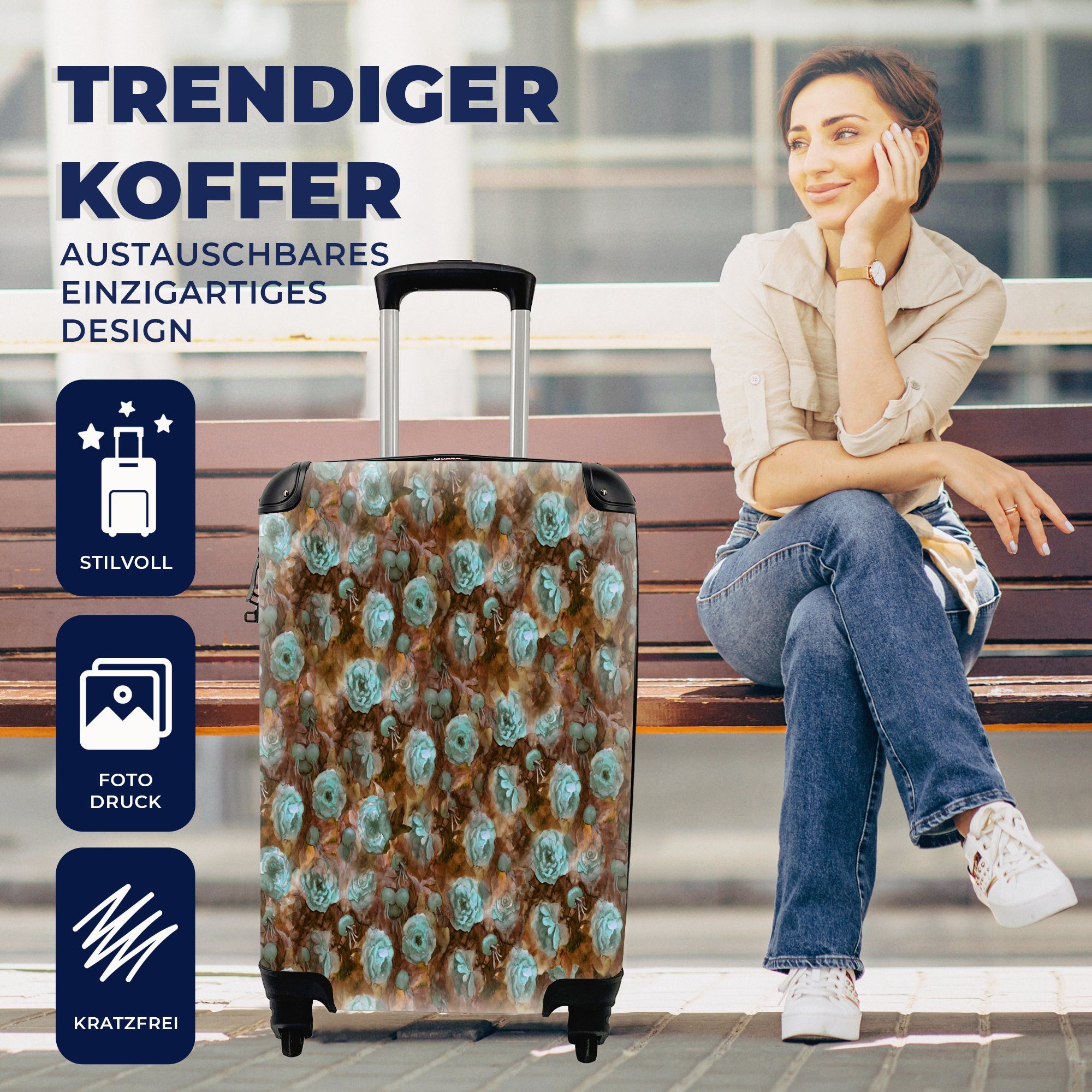 Rosen Aquarell 4 Handgepäckkoffer Ferien, Reisetasche Trolley, rollen, - mit Reisekoffer MuchoWow Rollen, für Blau, Handgepäck -