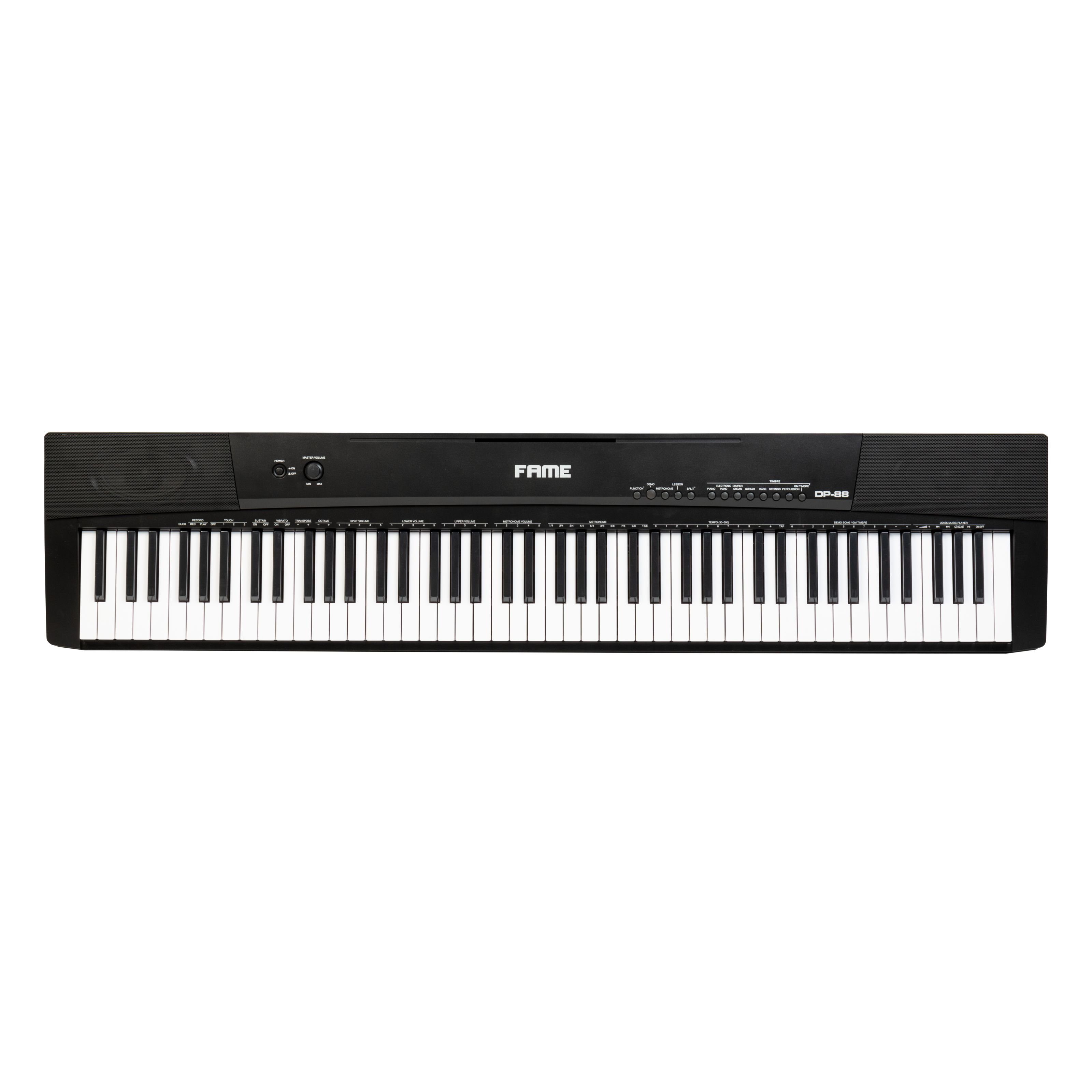 FAME Stagepiano (DP-88 Stage Piano, E-Piano mit 32-facher Polyphonie, 88 Tasten, 16 Songs, 140 Sounds, Lautsprechern, anschlagdynamischer Klaviatur, Schwarz, Stage Pianos, Stage Pianos leichtgewichtet), DP-88 Stage Piano, E-Piano, 32-fache Polyphonie, anschlagdynamische