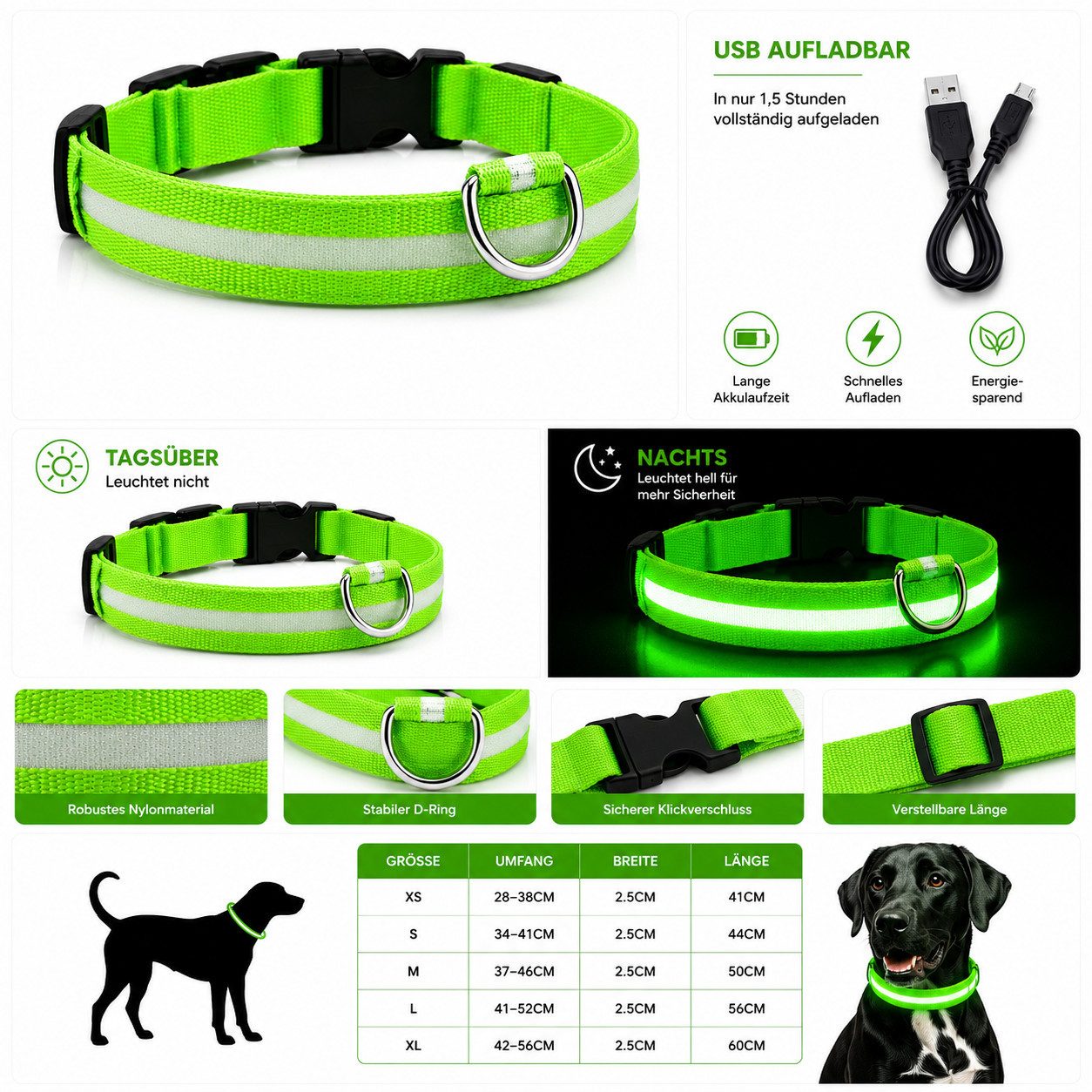 FroShop Hundehalsbandleuchte LED Hundehalsband USB aufladbar (S/M/L/XL) Leuchthalsband Nylon, LED fest integriert, verschiedene Farben, Akku Halsband reflektierend verstellbar Blinkhalsband für Hunde