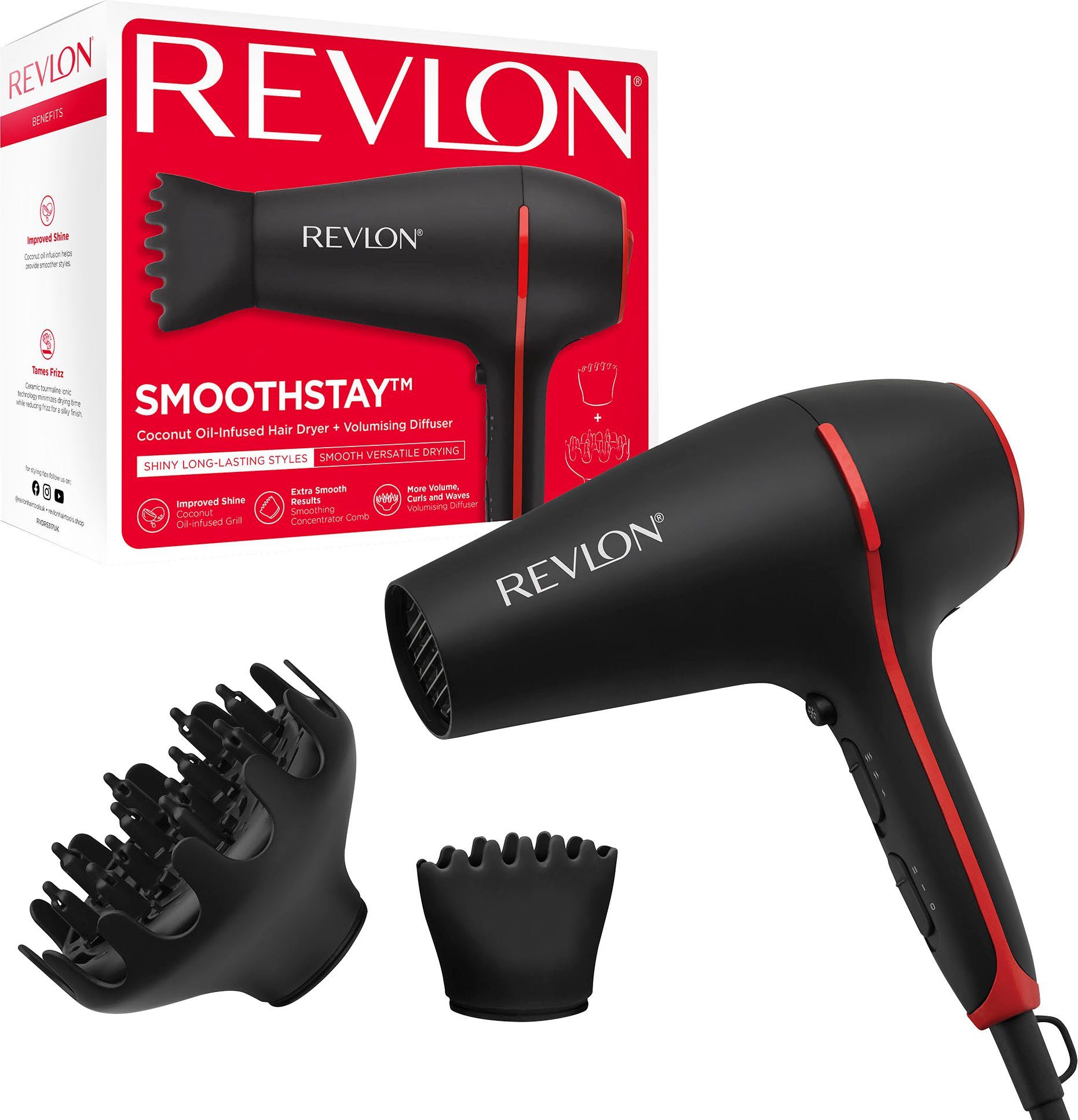 Revlon Ionic-Haartrockner SMOOTHSTAY RVDR5317, 2000 W, Gitter mit dreifacher Keramikbeschichtung und Kokosnussöl-Infusion