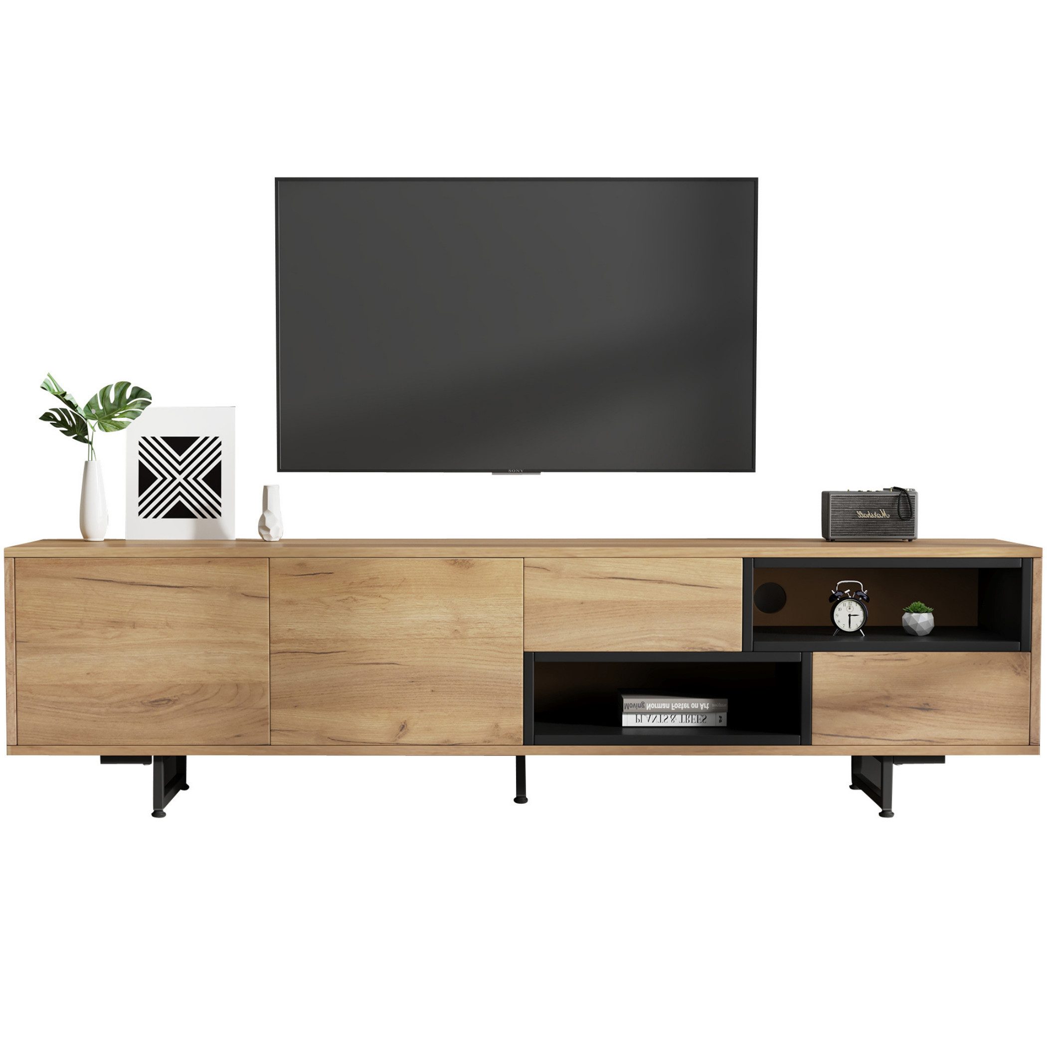 SeedWave Lowboard Griffloser TV Schrank mit Doppeltüren, 2 Offenen Fächern, 2 Schubladen, 2 Kabeldurchführung, verstellbare Füße, Wandbefestigung