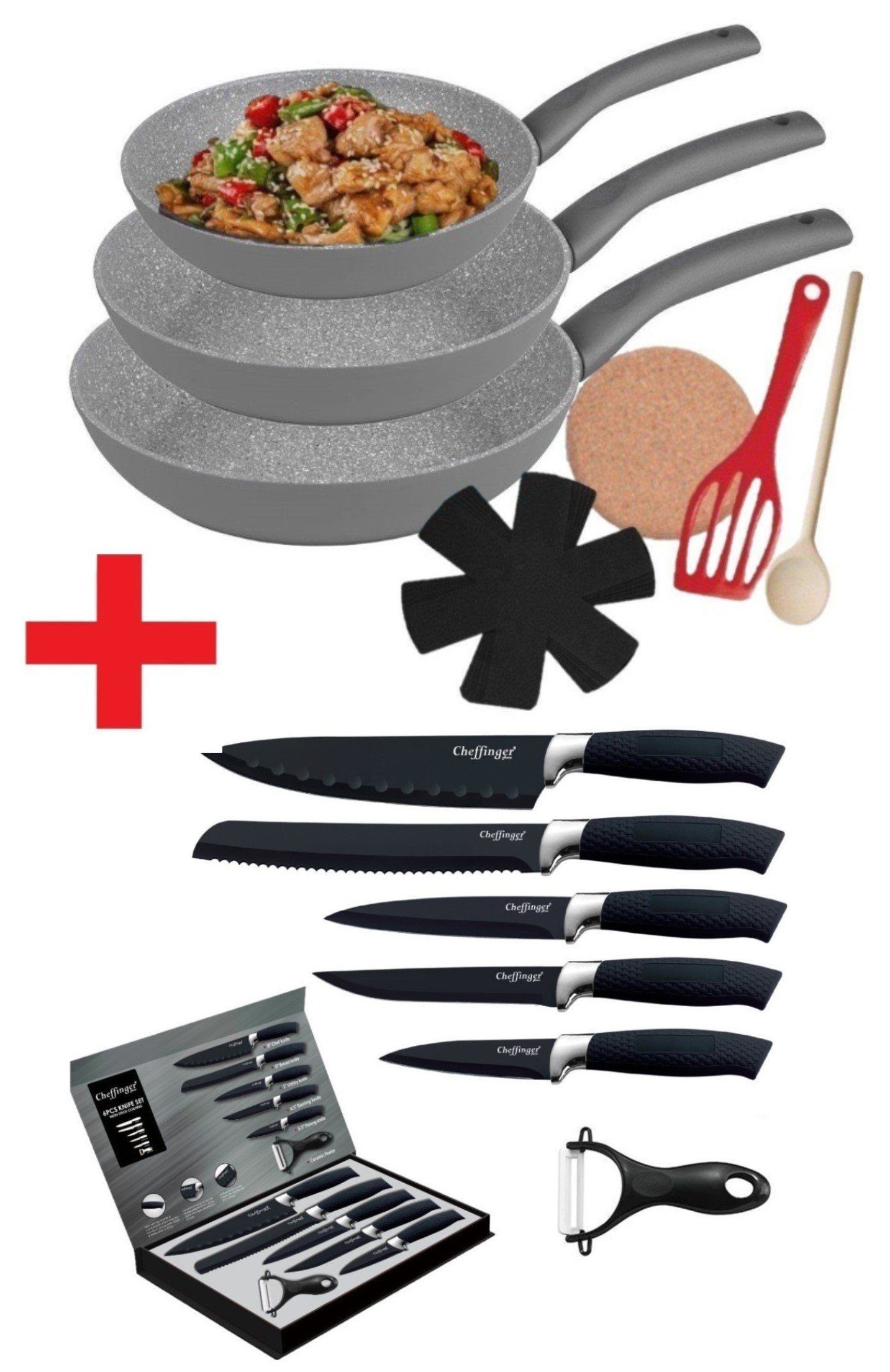 KESSMANN Pfannen-Set Induktion Bratpfannen 9tlg + Küchen Messerset 6tlg -KOMPLETT SET-, Aluminium (Set, 15-tlg., Inkl 1 Pfannenwender + 1 Untersetzer + 1 Löffel + 3 Einlagen Antihaft), Küchen Messer Set Messerblock Pfanne Pfannenset Knife grau