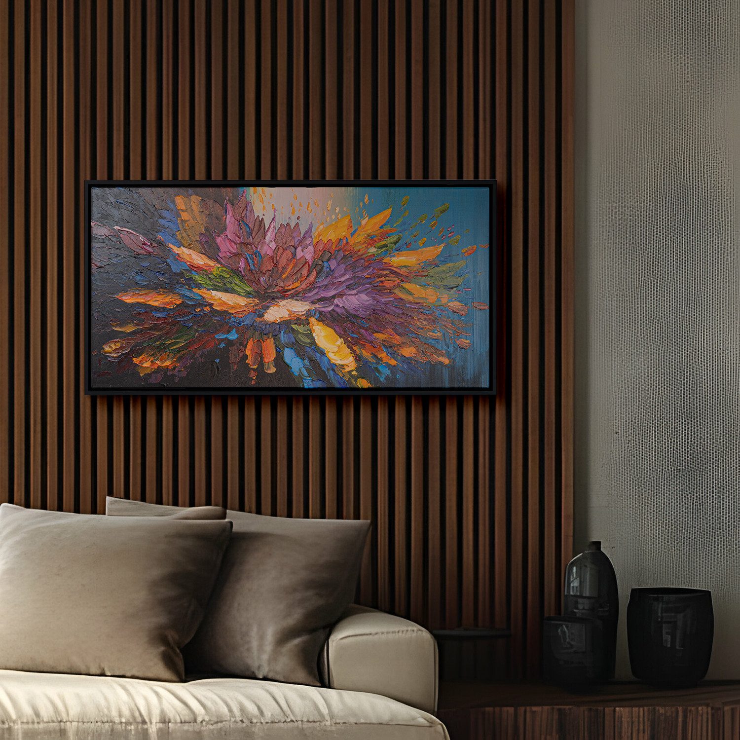 AUREDAS Gemälde "Tanz der Farben", 160x80cm, Gemälde, Rahmen schwarz, Blüte, Abstrakt, Gemälde mit Strukturpaste und Acrylfarbe, Panorama Format