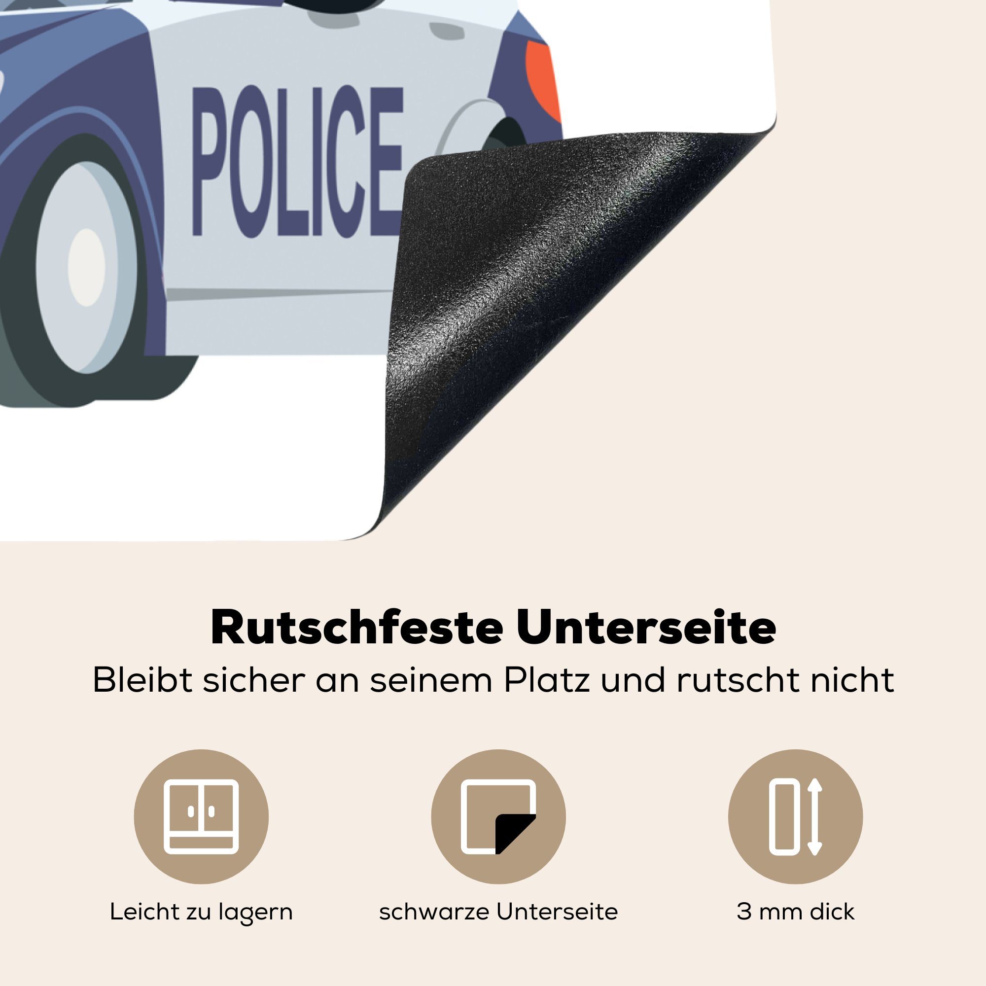 (1 tlg), Arbeitsfläche MuchoWow Mobile Herdblende-/Abdeckplatte 70x52 für Illustration nutzbar, Kinder, cm, eines Vinyl, Ceranfeldabdeckung Polizeiautos