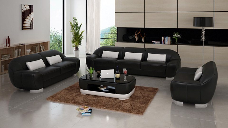 JVmoebel Sofa Schwarze Ledersofas Couch Sofagarnitur Eck Garnitur 3+2+1 Design, Made in Europe