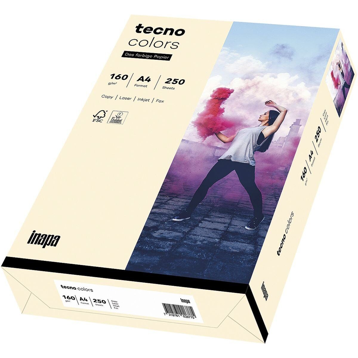 Inapa tecno Drucker- und Kopierpapier Rainbow / tecno Colors, Pastellfarben, Format DIN A4, 160 g/m², 250 Blatt hellchamois