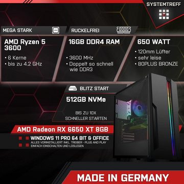 SYSTEMTREFF Basic Gaming-PC (AMD Ryzen 5 3600, Radeon RX 6650 XT, 16 GB RAM, 512 GB SSD, Luftkühlung, Windows 11, WLAN)