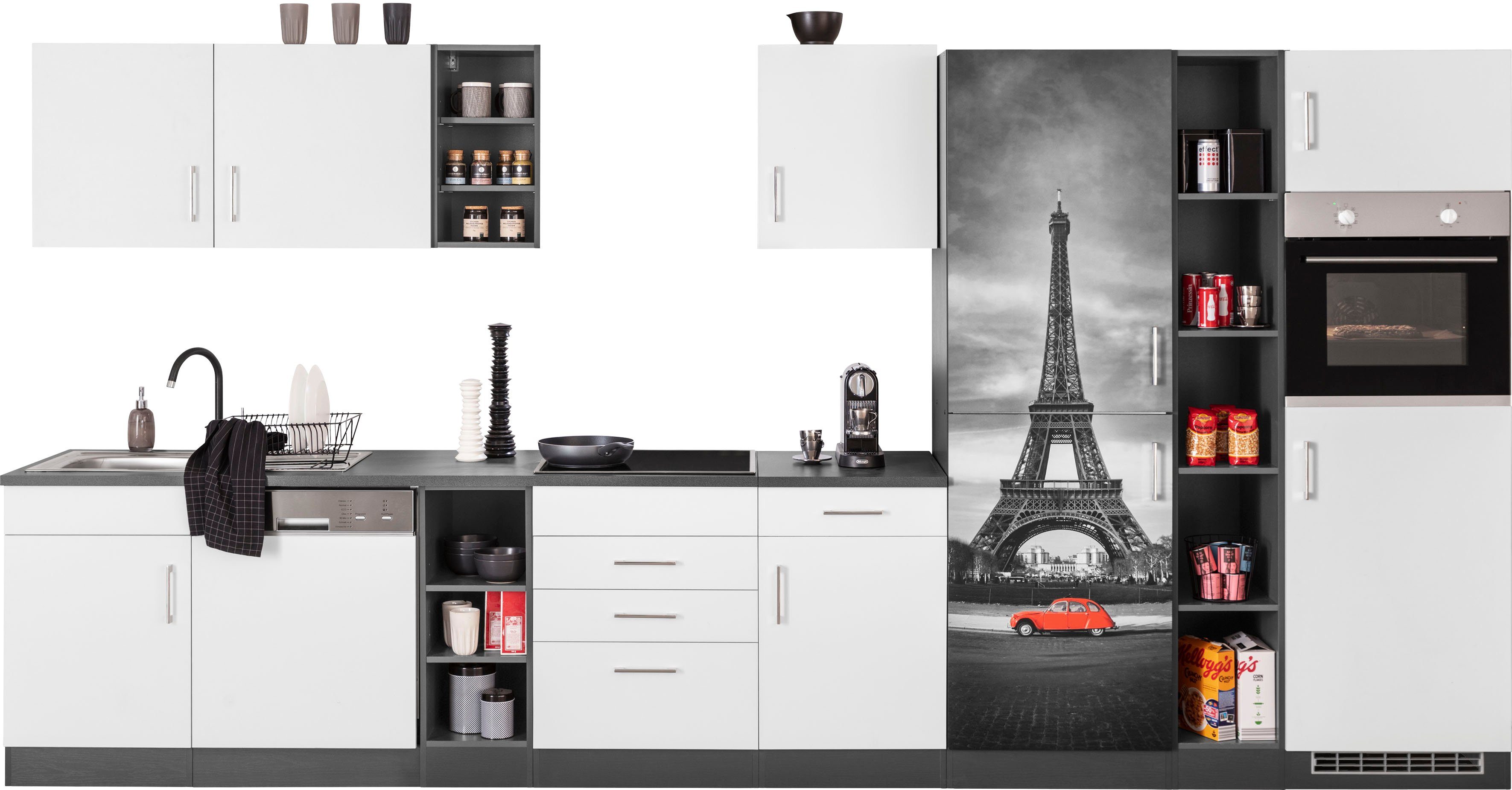 HELD MÖBEL Küchenzeile Paris, ohne E-Geräte, Breite 400 cm, Küchenzeile mit  viel Stauraum