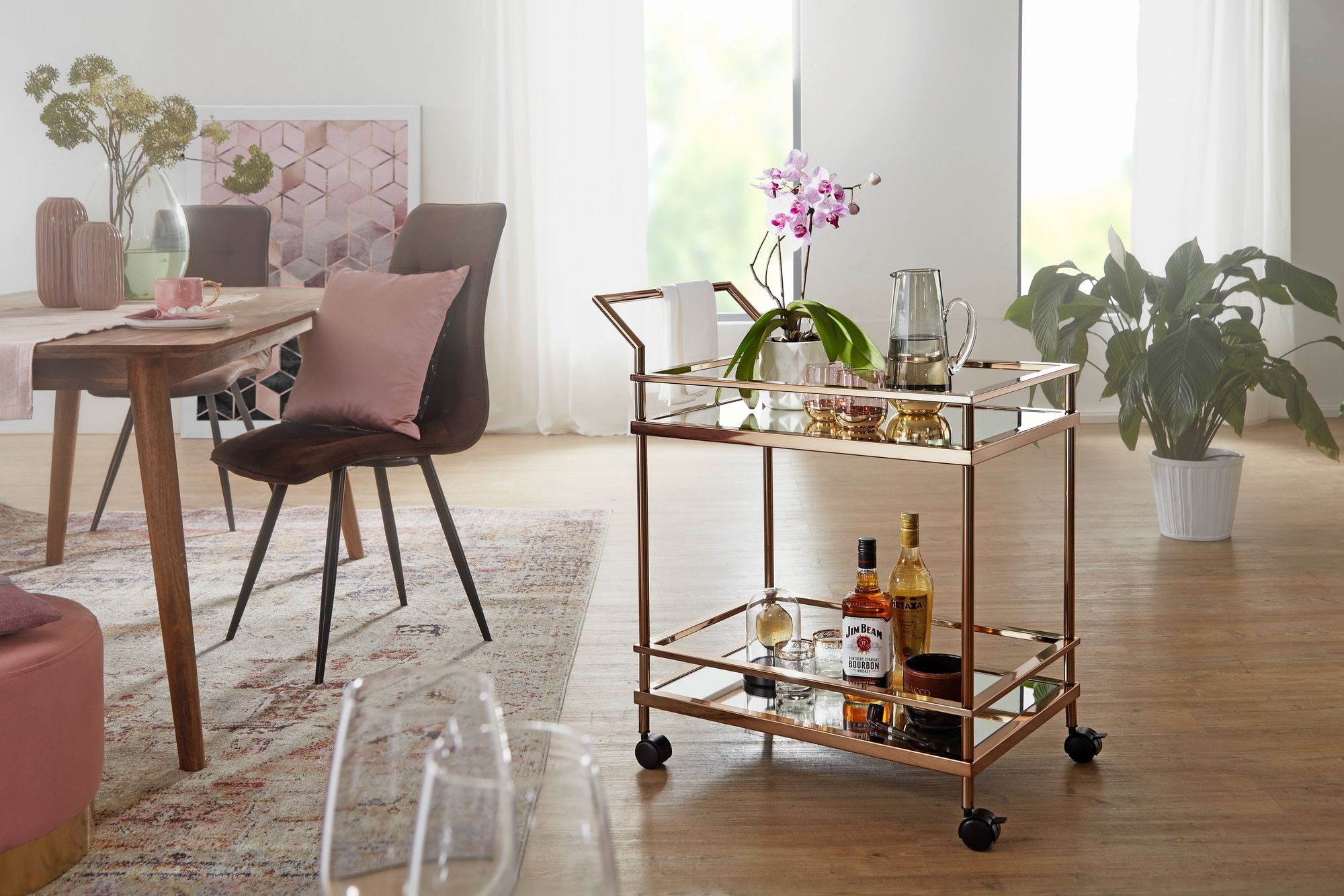 FINEBUY Servierwagen Gold Beistelltisch Rollen Küchen- Speisewagen Glas FB52936, (Gold 65,5x84x45 cm, Mobiler Beistelltisch Glas), Speisewagen Rechteckig, Küche – Bild 2 von 5