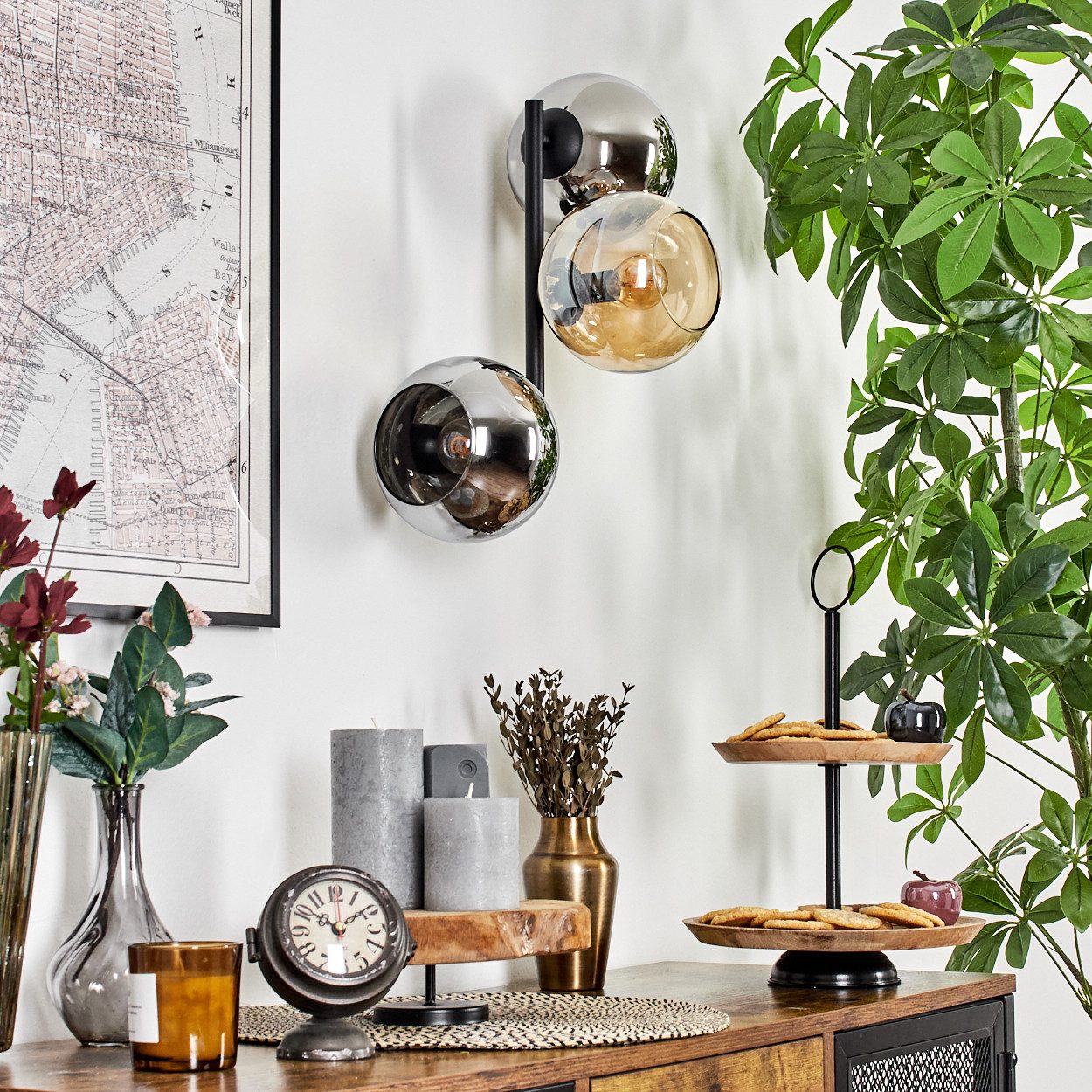 hofstein Wandleuchte Wandlampe aus Metall/Glas in Schwarz/Chrom-/Rauch-/Bernsteinfarben, ohne Leuchtmittel, moderne Wandleuchte im Retro/Vintage-Design (Schirme 15 cm), E14