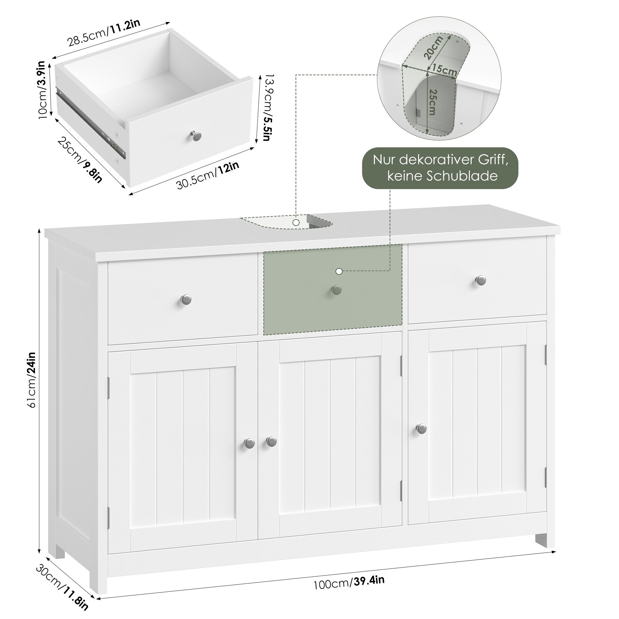 Homfa Waschbeckenunterschrank Unterschrank Badezimmerschrank mit 2 Schubladen und 3 Türen, Breite 100 cm, freistehend