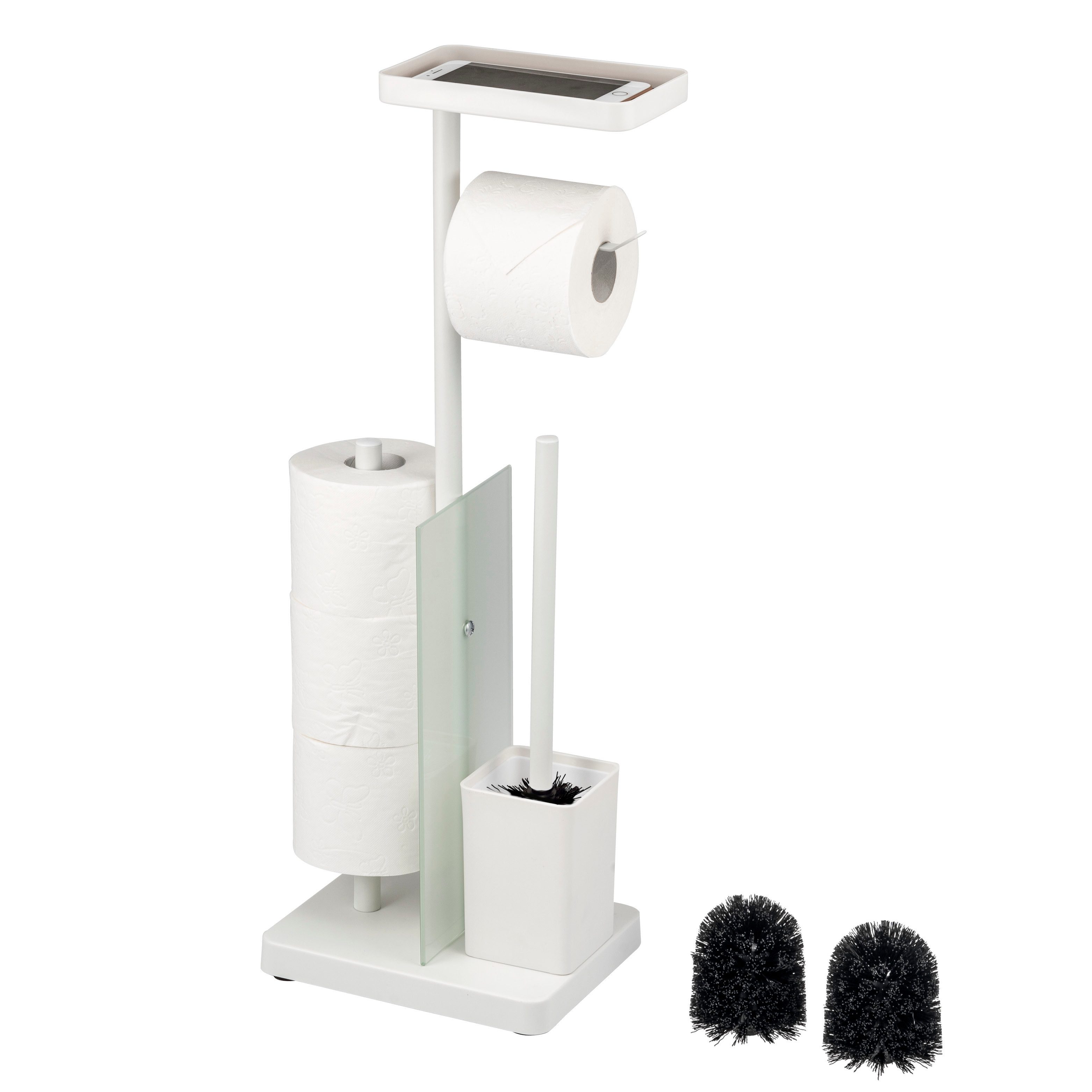 eluno WC-Garnitur 4in1, WC-Bürste, Rollenhalter, Ablage Glas/Metall weiß